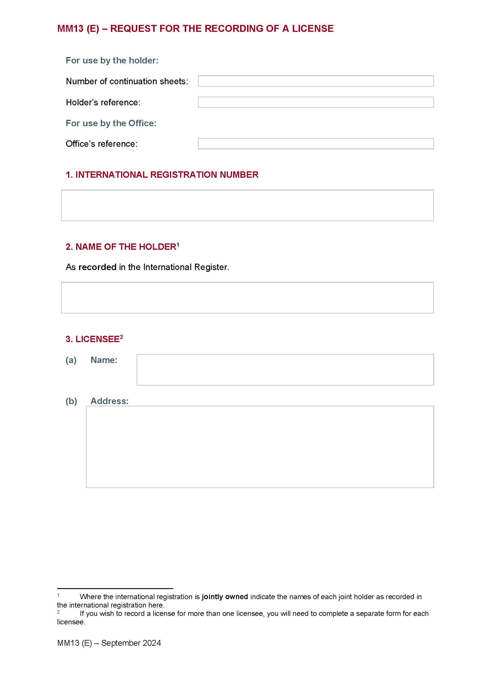 Request For The Recording Of A License {MM13(E)} | Pdf Fpdf Docx | Official Federal Forms
