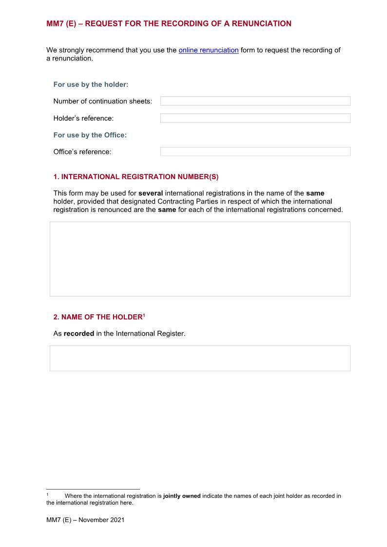 Request For The Recording Of A Renunciation {MM7(E)} | Pdf Fpdf Doc Docx | Official Federal Forms
