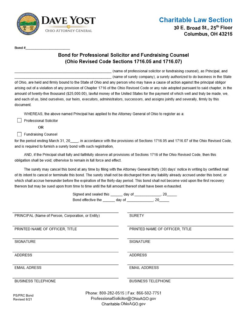 Bond For Professional Solicitor And Fund Raising Counsel | Pdf Fpdf Docx | Ohio