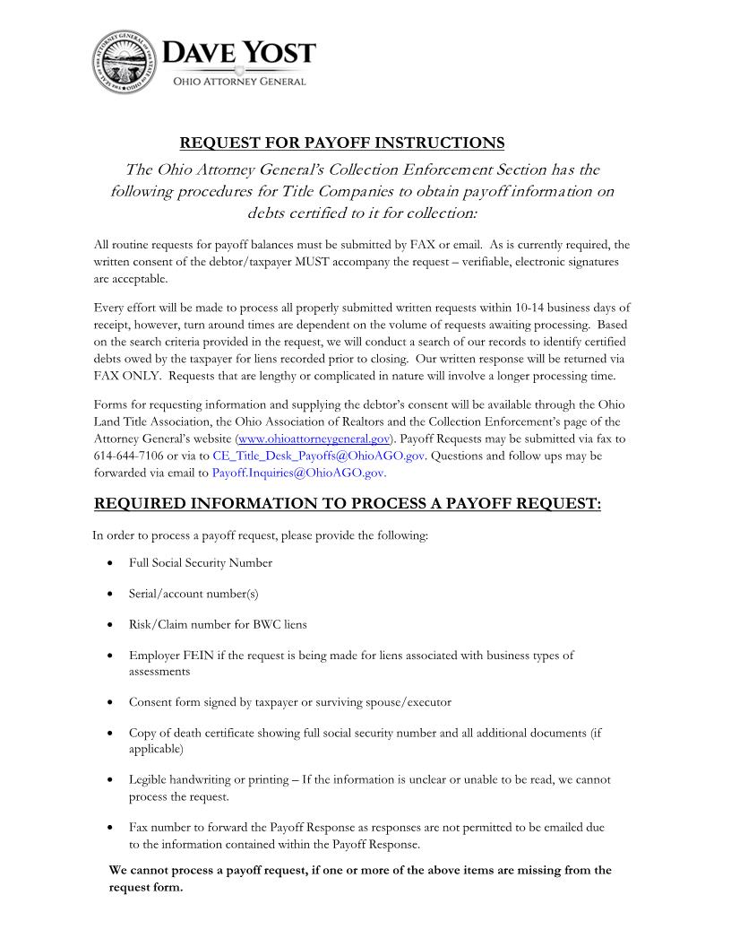 Request For Payoff Information | Pdf Fpdf Docx | Ohio