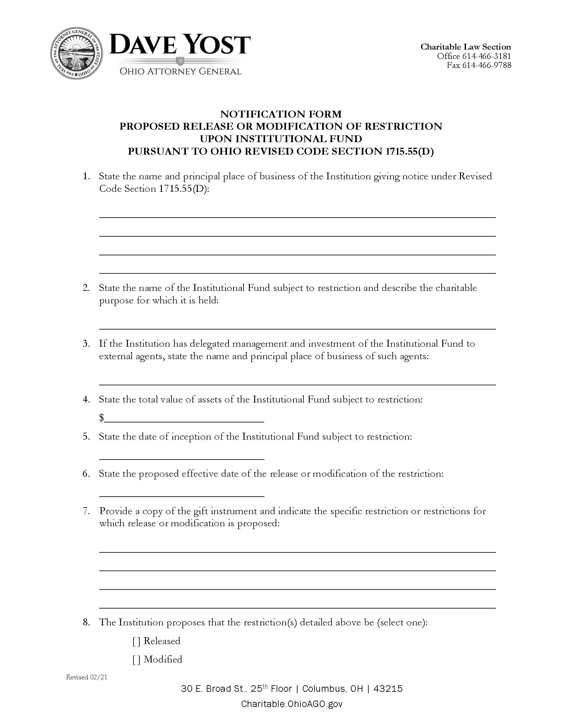 Proposed Release Or Modification Of Restriction Upon Institutional Fund | Pdf Fpdf Doc Docx | Ohio