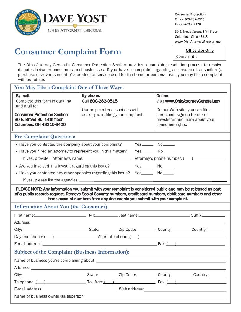 Consumer Complaint Form | Pdf Fpdf Docx | Ohio