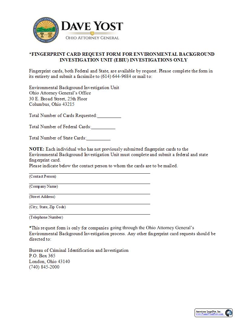 Fingerprint Card Request Form | Pdf Fpdf Docx | Ohio