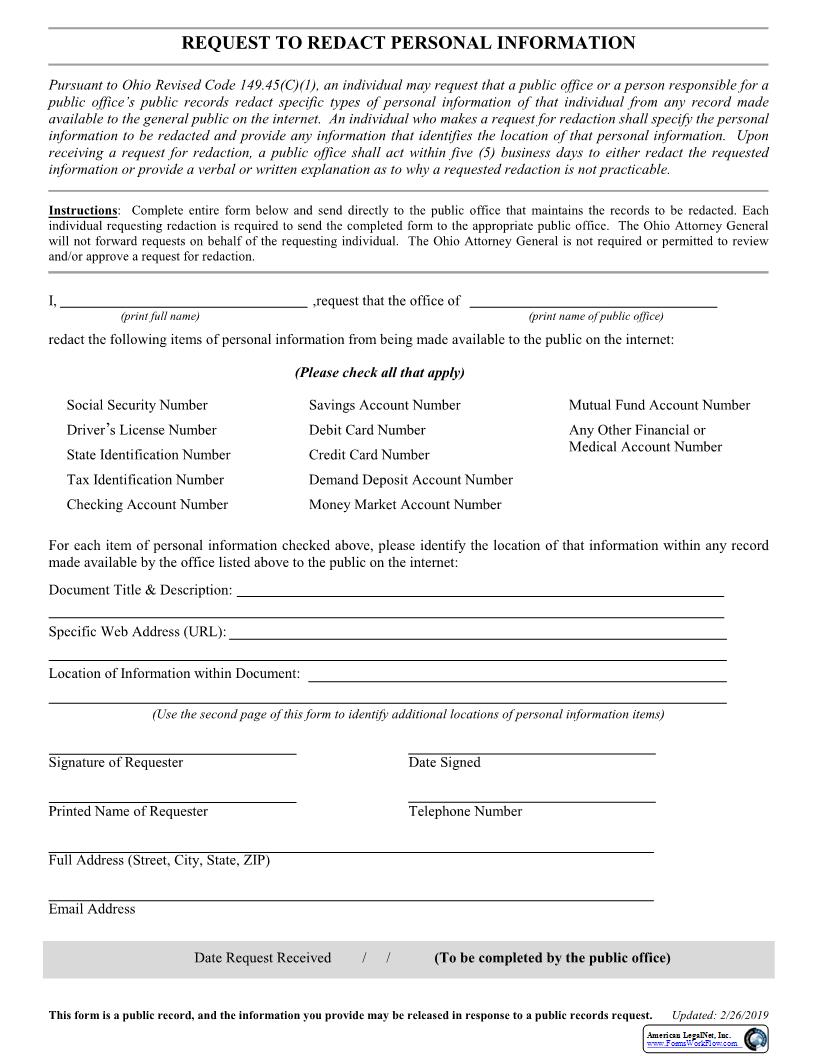 Request To Redact Personal Information | Pdf Fpdf Docx | Ohio