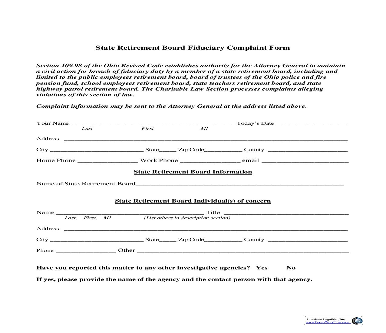 State Retirement Board Fiduciary Complaint Form | Pdf Fpdf Doc Docx | Ohio