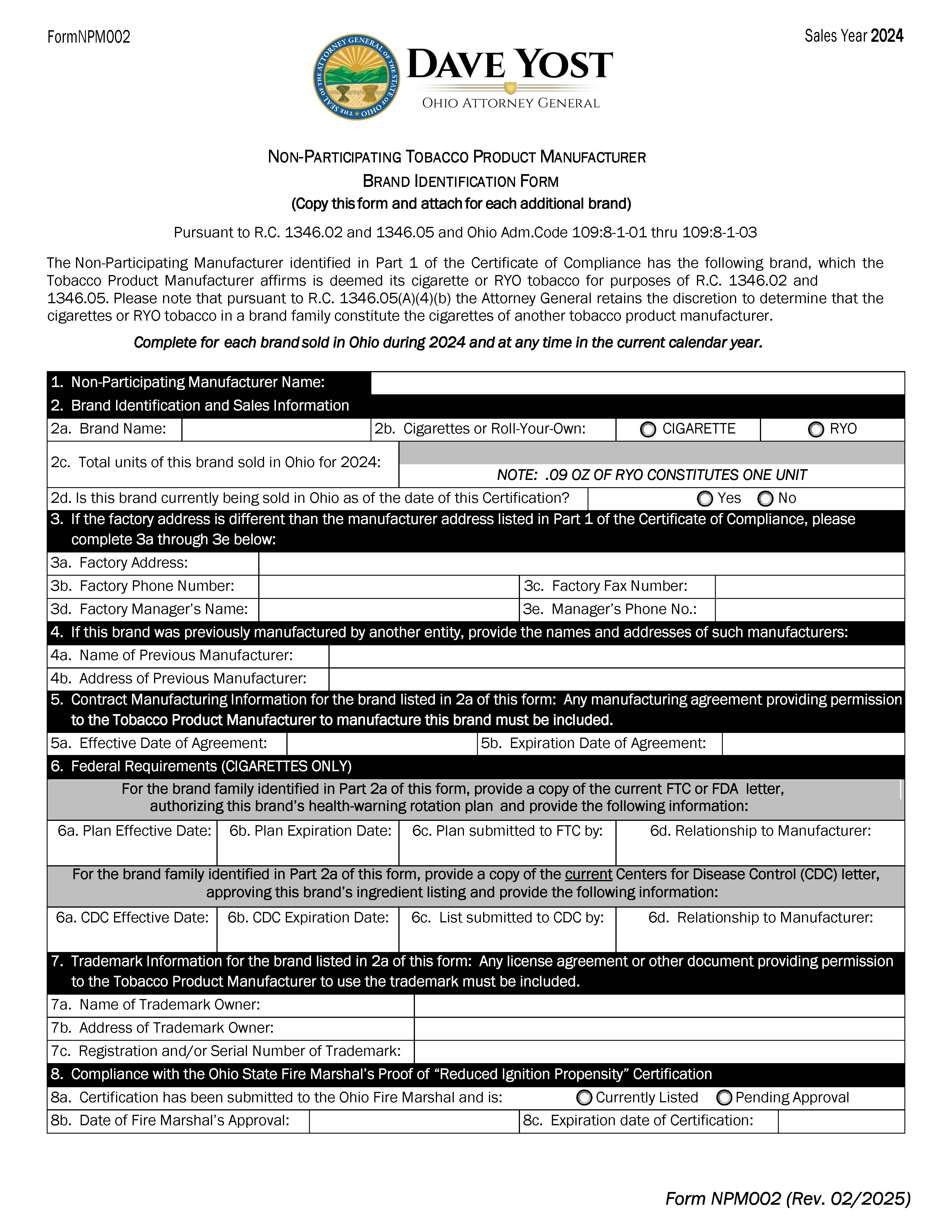 Non-Participating Tobacco Product Manufacturer Brand Identification | Pdf Fpdf Docx | Ohio