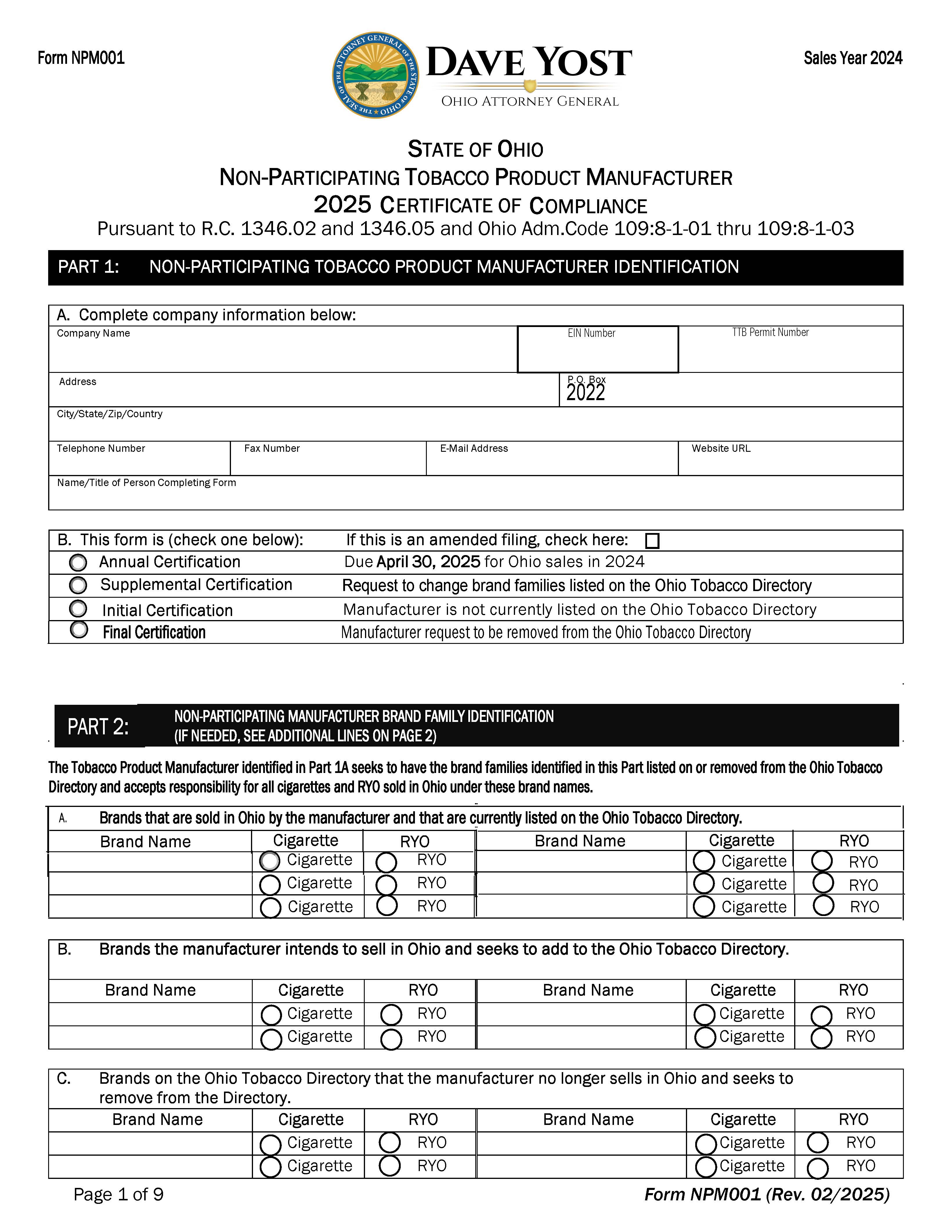 Non-Participating Tobacco Product Manufacturer Certificate Of Compliance | Pdf Fpdf Docx | Ohio