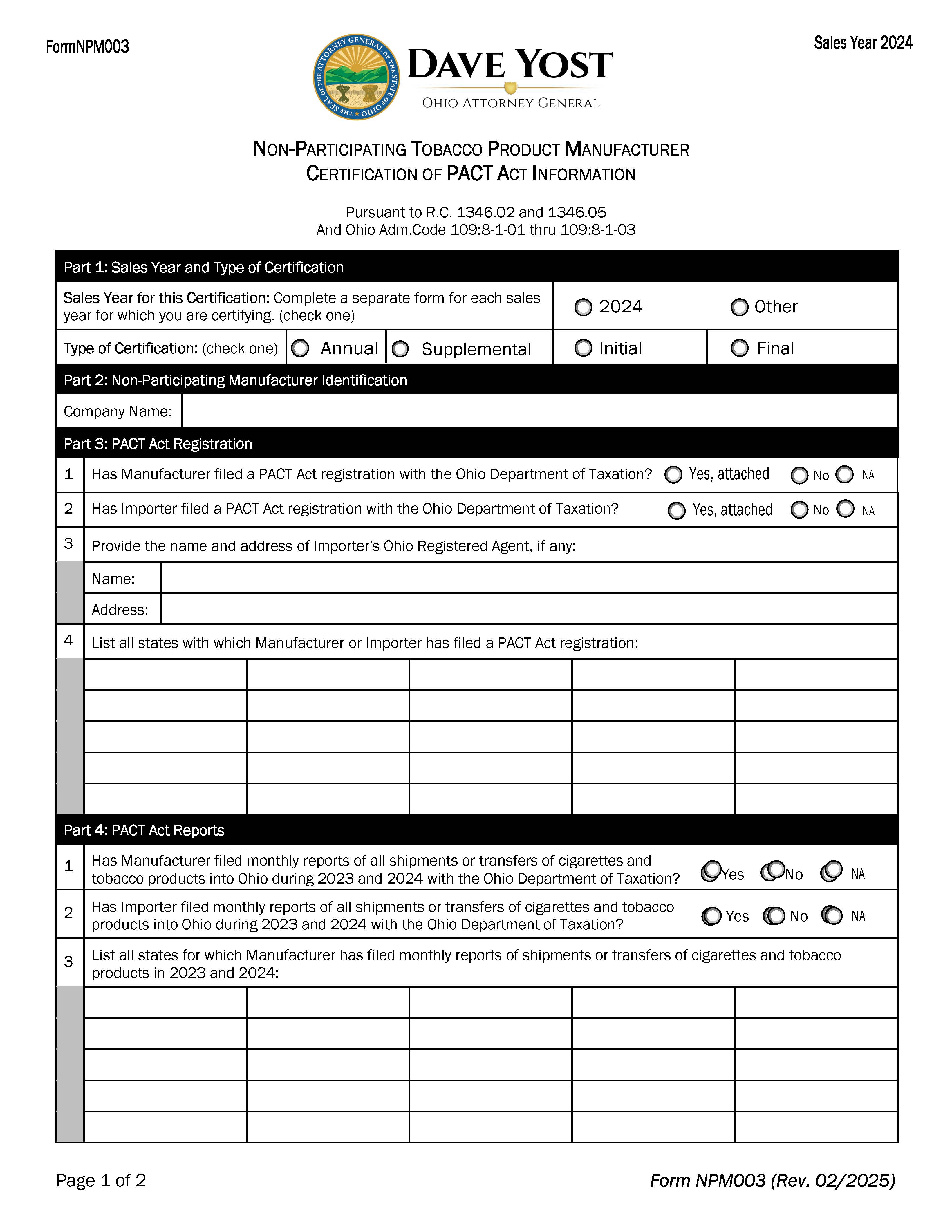 Non-Participating Tobacco Product Manufacturer Certification Of Pact Act Information | Pdf Fpdf Docx | Ohio