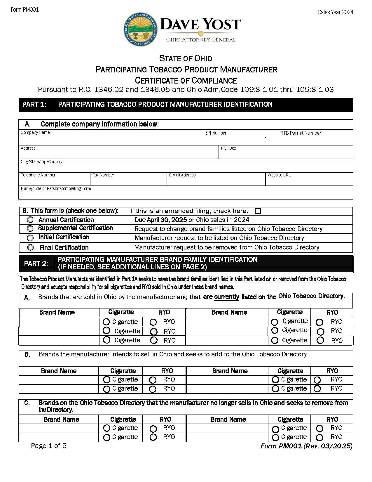 Participating Tobacco Product Manufacturer Certificate Of Compliance | Pdf Fpdf Docx | Ohio