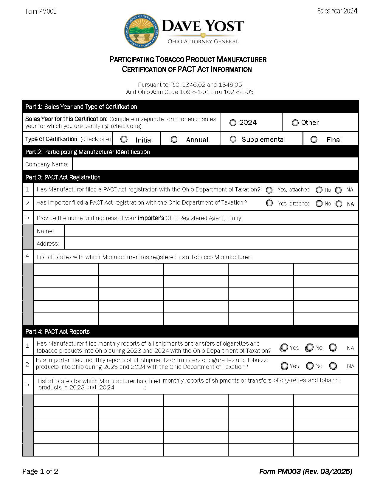 Participating Tobacco Product Manufacturer Certification Of Pact Act Information | Pdf Fpdf Docx | Ohio