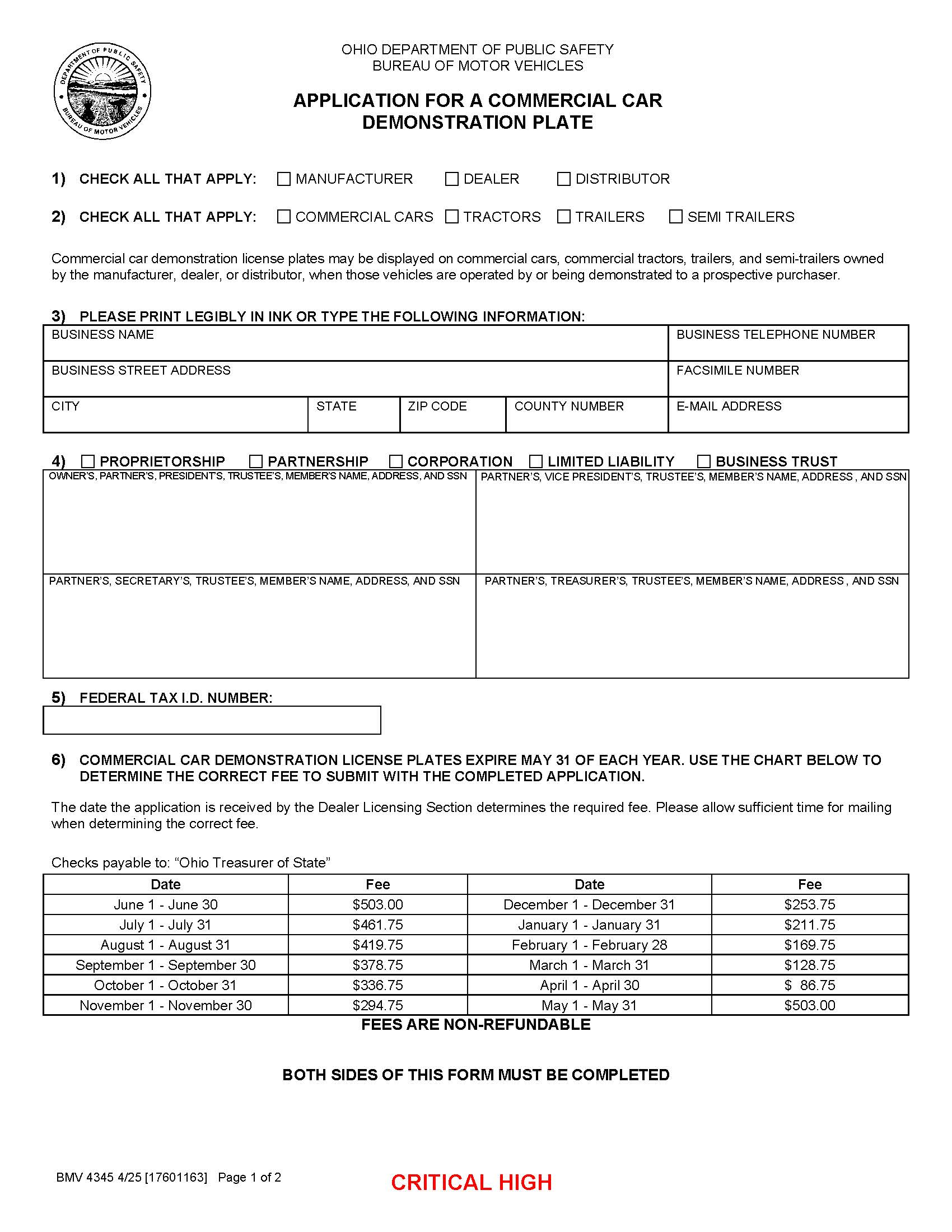Application For A Commercial Car Demonstration Plate {BMV 4345} | Pdf Fpdf Docx | Ohio