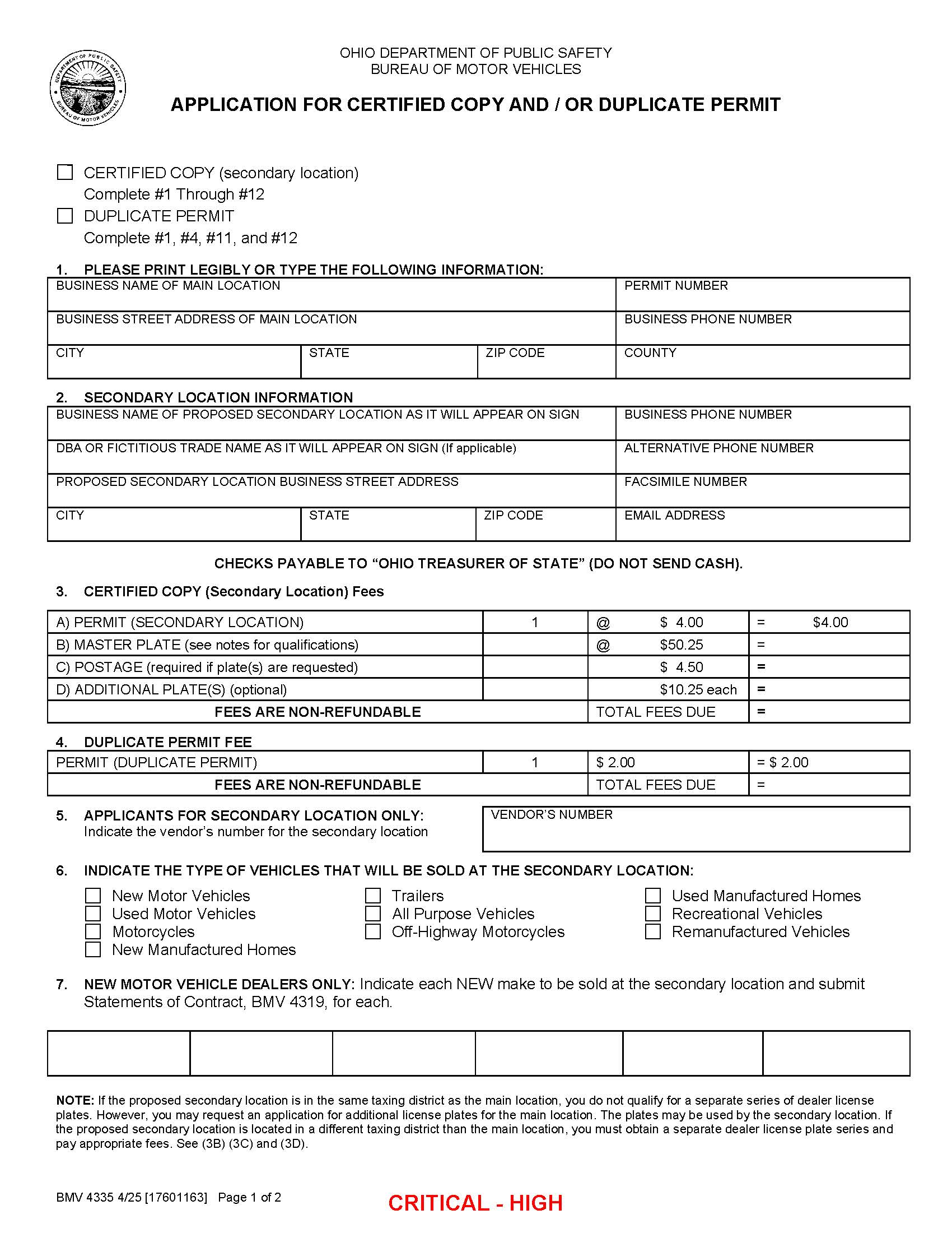 Application For Certified Copy And Or Duplicate Permit {BMV 4335} | Pdf Fpdf Docx | Ohio