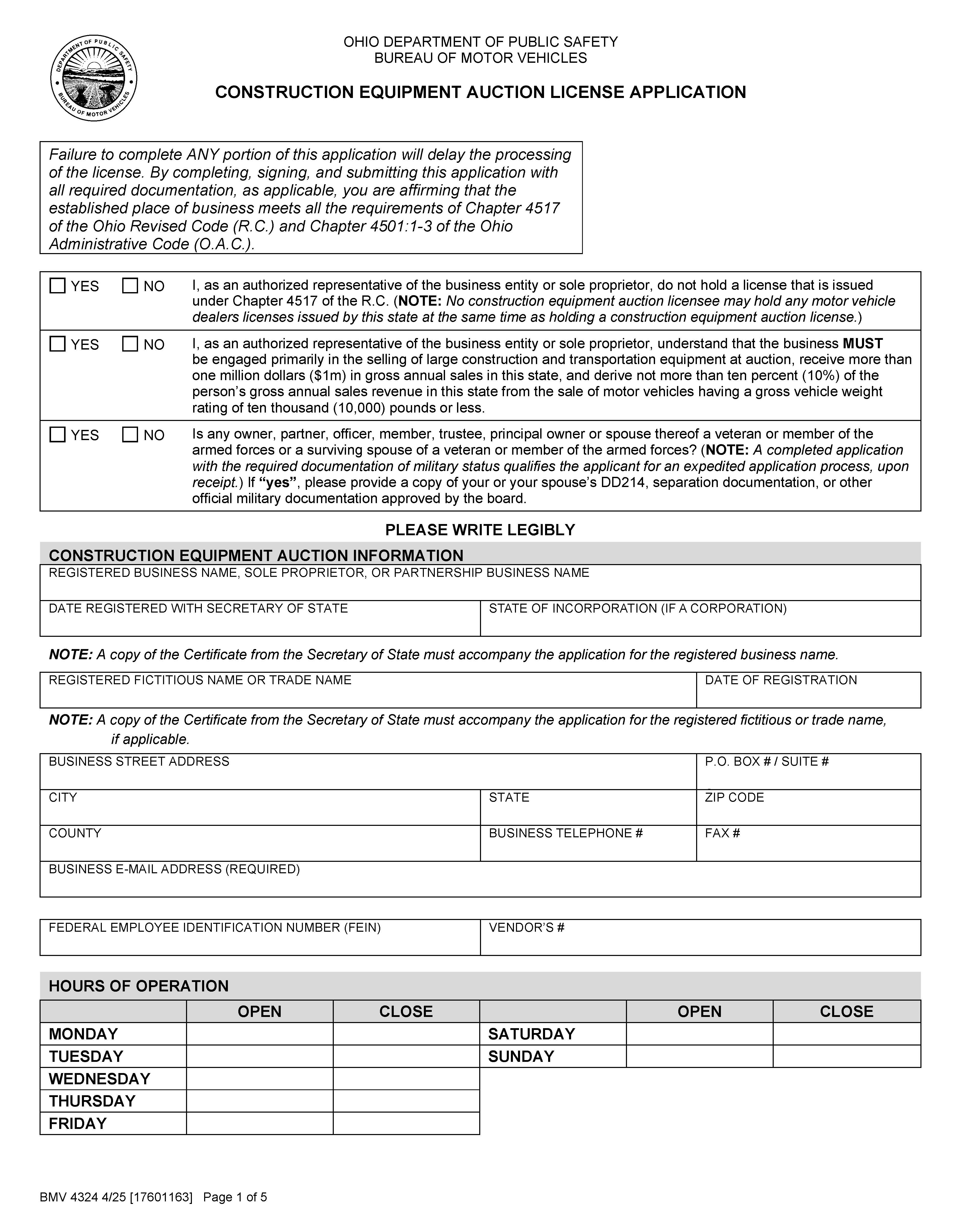 Application For Construction Equipment Auction License {BMV 4324} | Pdf Fpdf Docx | Ohio