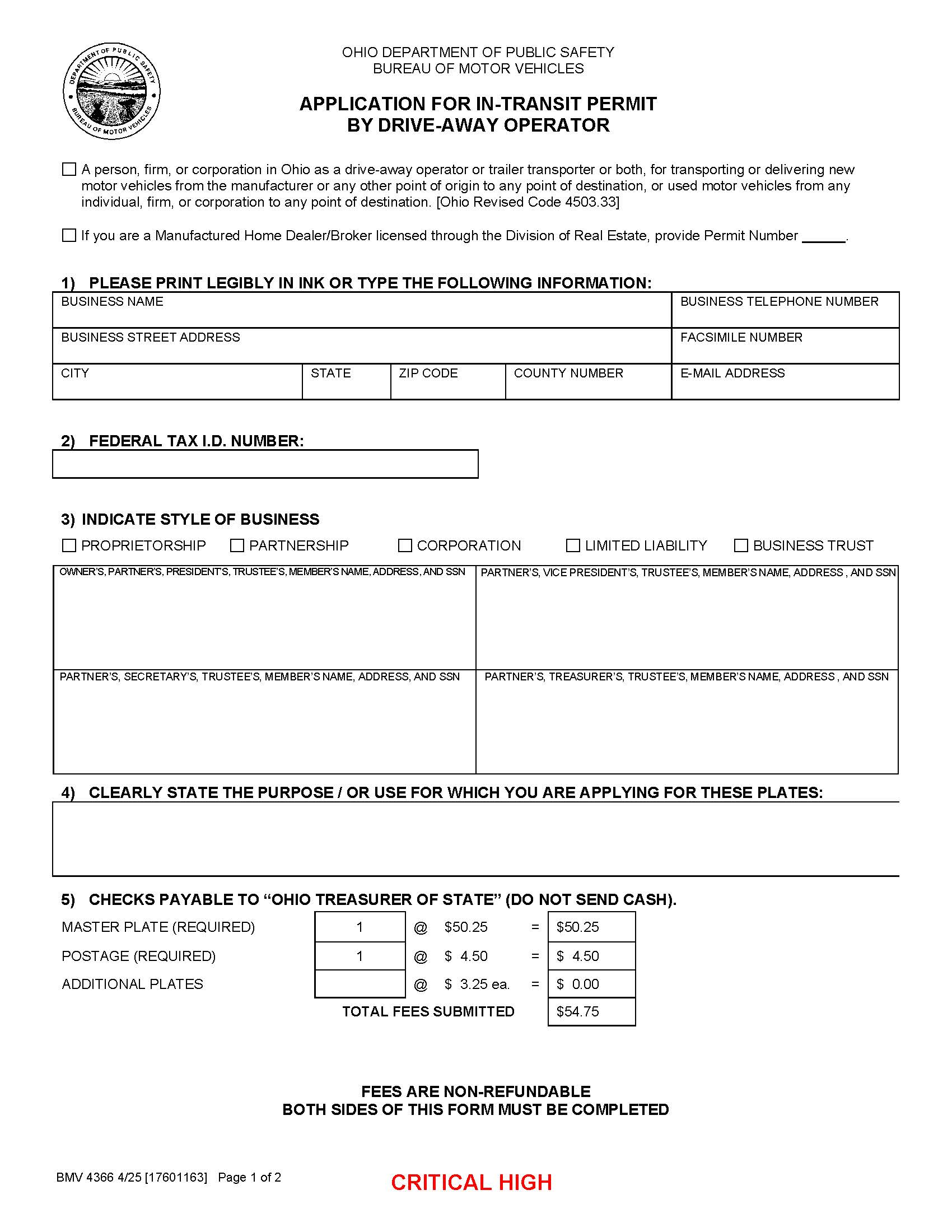 Application For In Transit Permit By Drive Away Operator {BMV 4366} | Pdf Fpdf Docx | Ohio