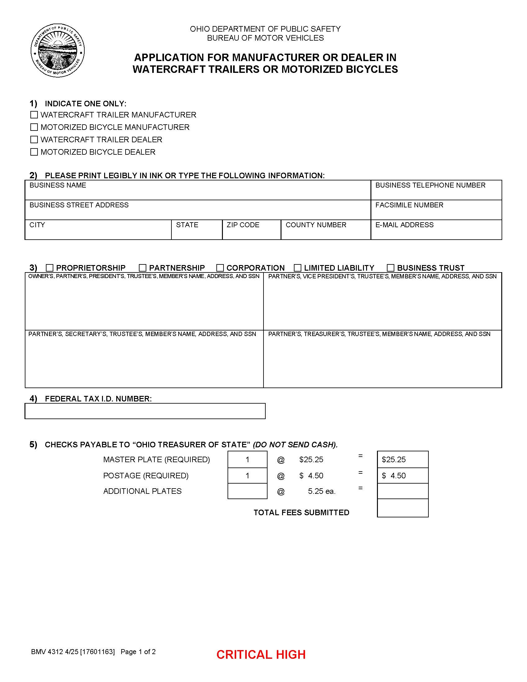Application For Manufacturer Or Dealer In Watercraft Trailers Or Motorized Bicycles {BMV 4312} | Pdf Fpdf Docx | Ohio