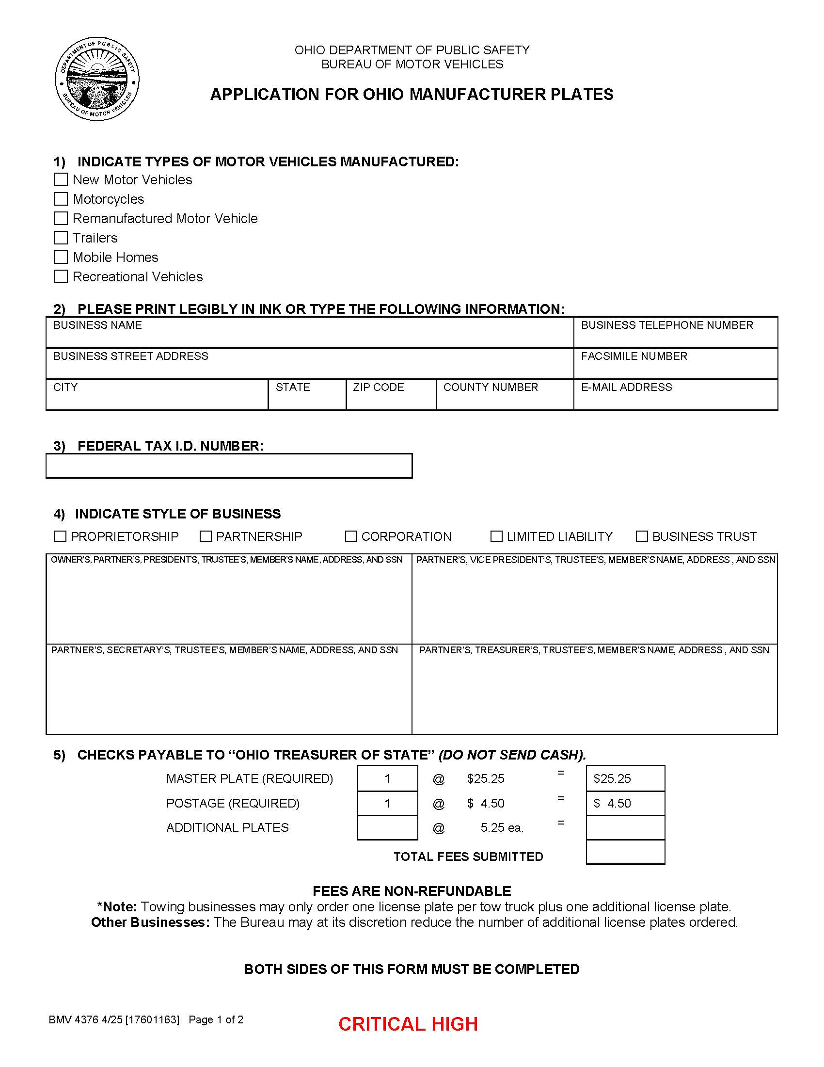 Application For Ohio Manufacturer Plates {BMV 4376} | Pdf Fpdf Docx | Ohio