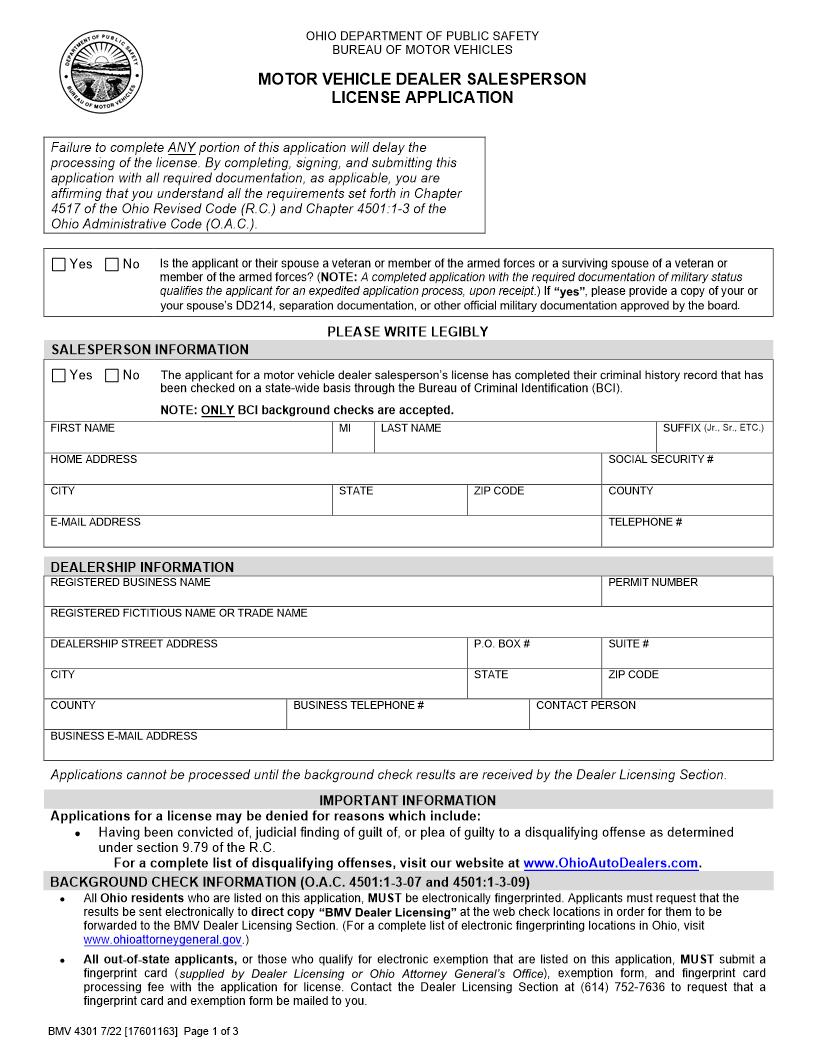 Application For Ohio Salesperson License {BMV 4301} | Pdf Fpdf Docx | Ohio
