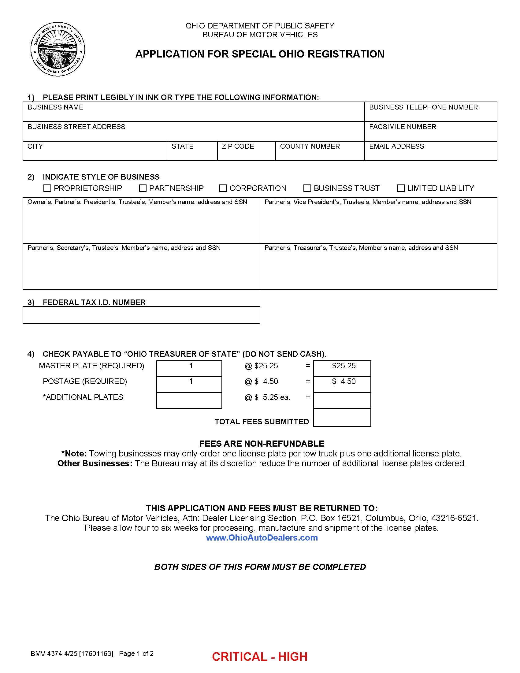 Application For Special Ohio Registration {BMV 4374} | Pdf Fpdf Docx | Ohio