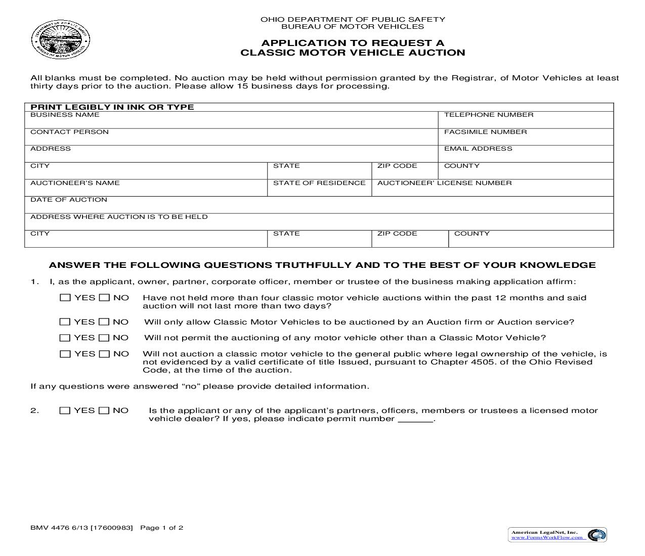 Application To Request A Classic Motor Vehicle Auction {BMV 4476} | Pdf Fpdf Doc Docx | Ohio
