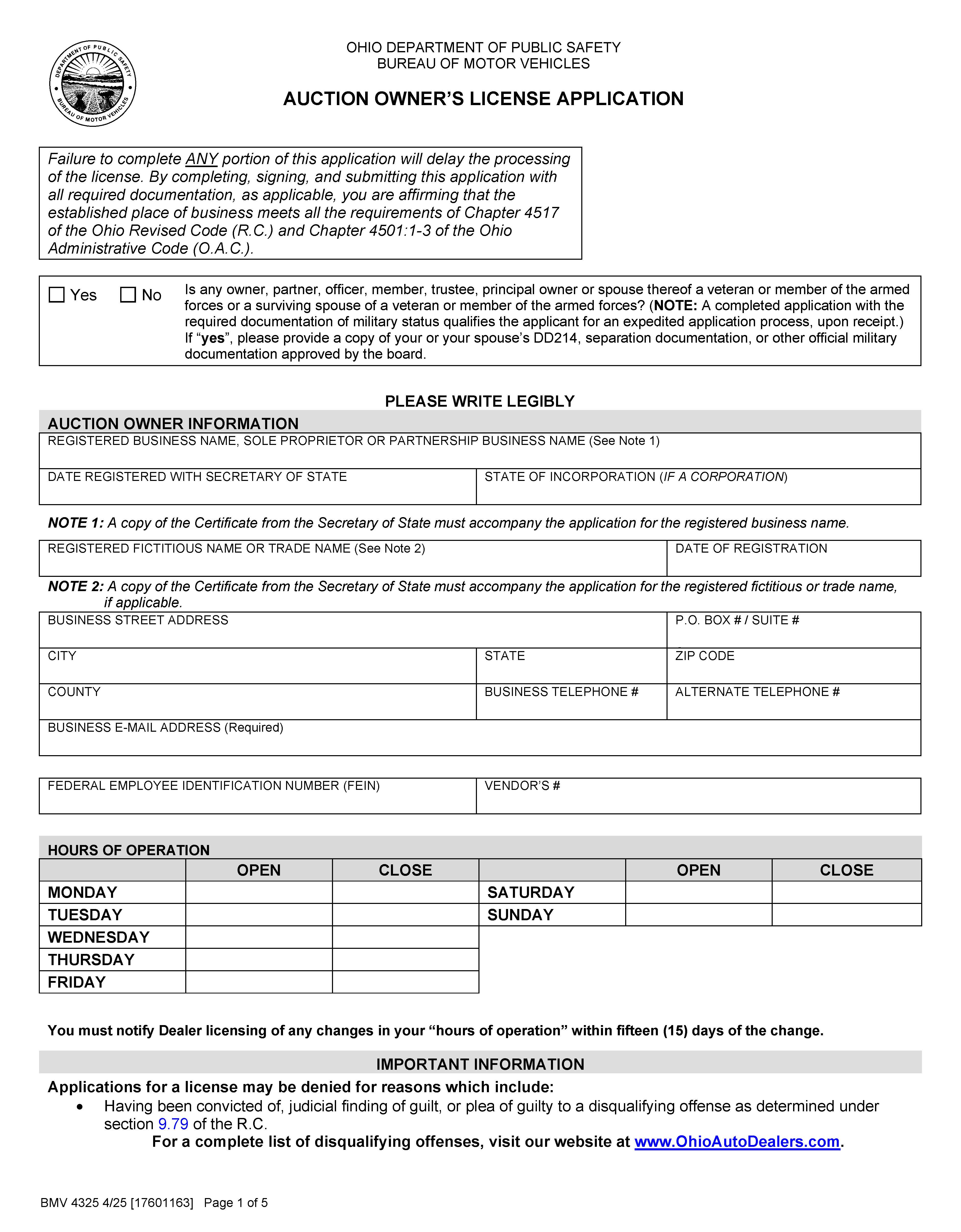Auction Owners License Application {BMV 4325} | Pdf Fpdf Docx | Ohio