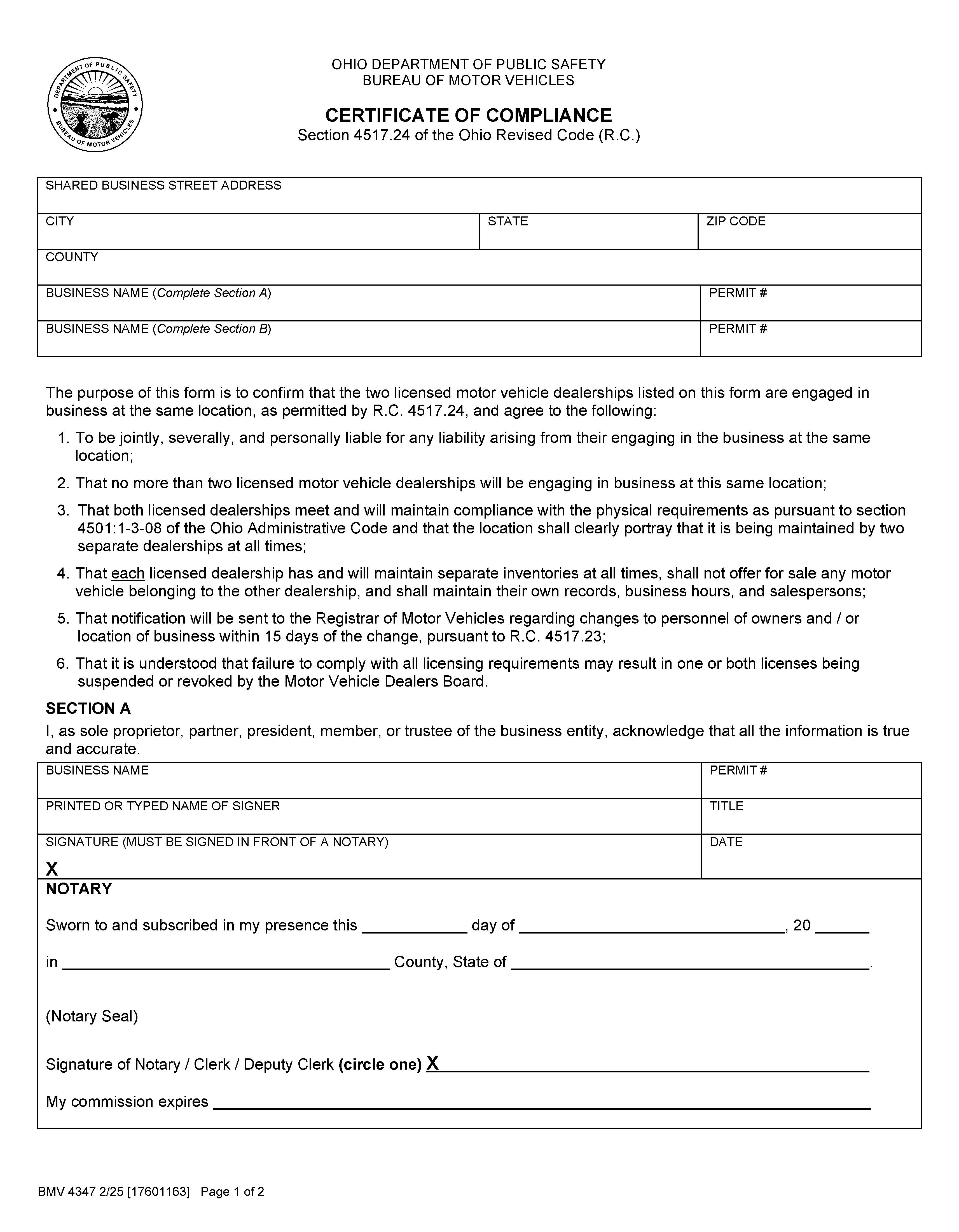 Certificate Of Compliance {BMV 4347} | Pdf Fpdf Docx | Ohio