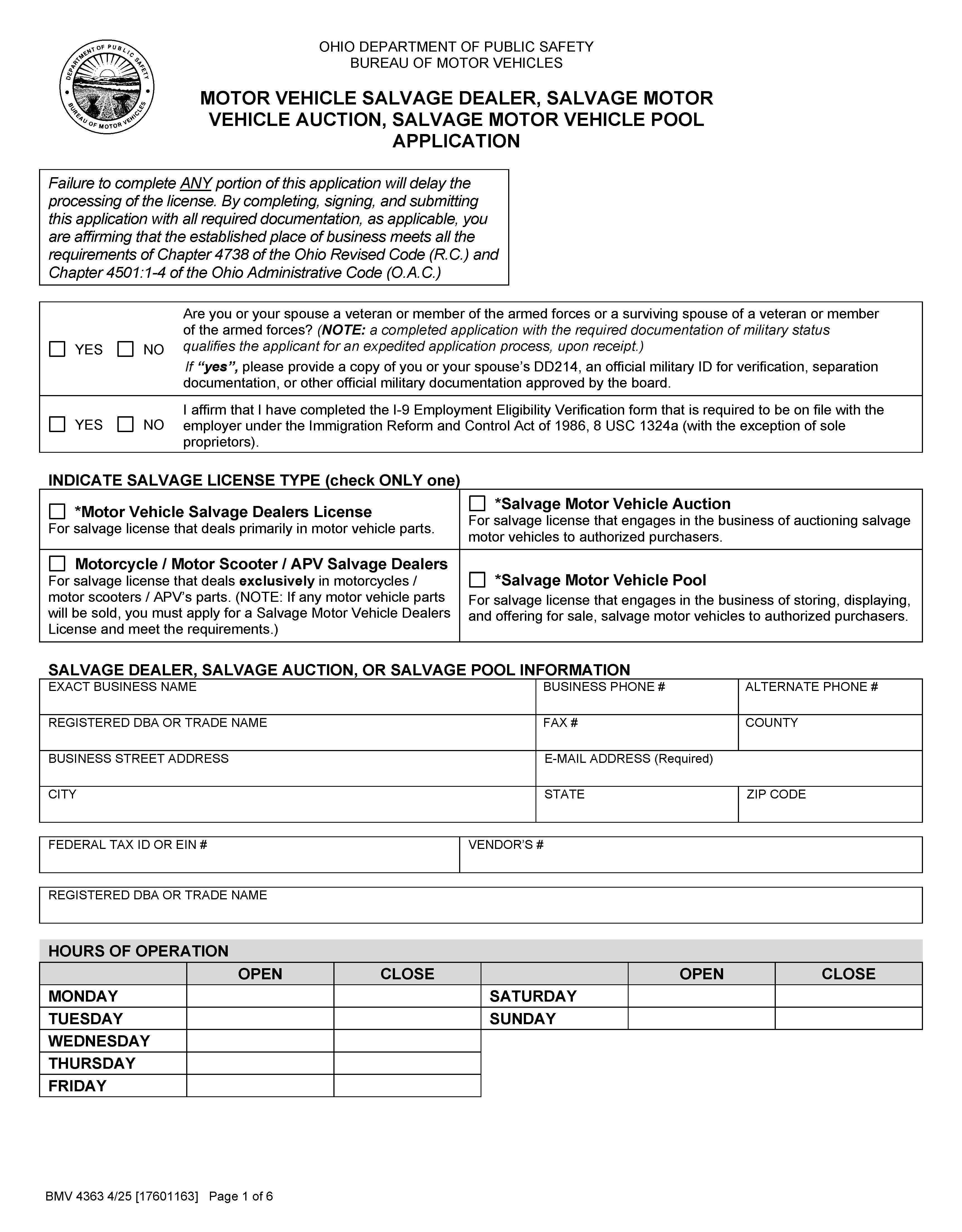 Motor Vehicle Salvage Dealer Application {BMV 4363} | Pdf Fpdf Doc Docx | Ohio