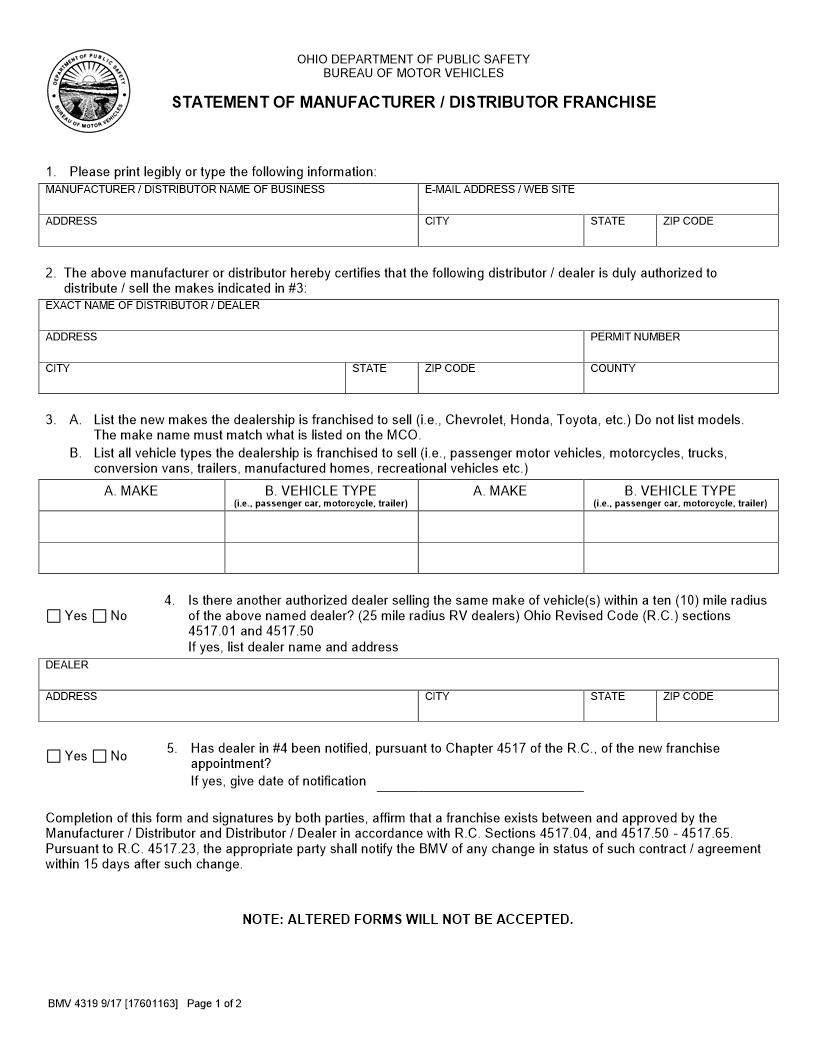 Statement Of Manufacturer Distributor Franchise {BMV 4319} | Pdf Fpdf Doc Docx | Ohio