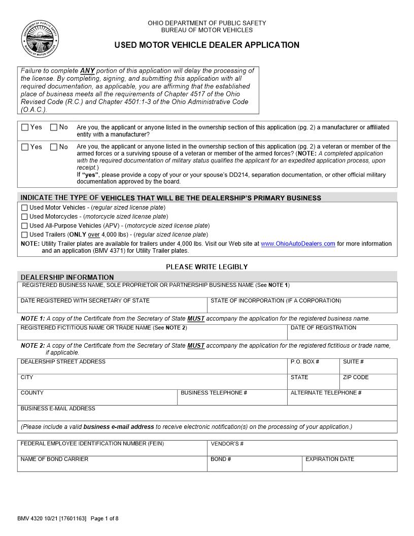 Used Motor Vehicle Dealer Application {BMV-4320} | Pdf Fpdf Docx | Ohio