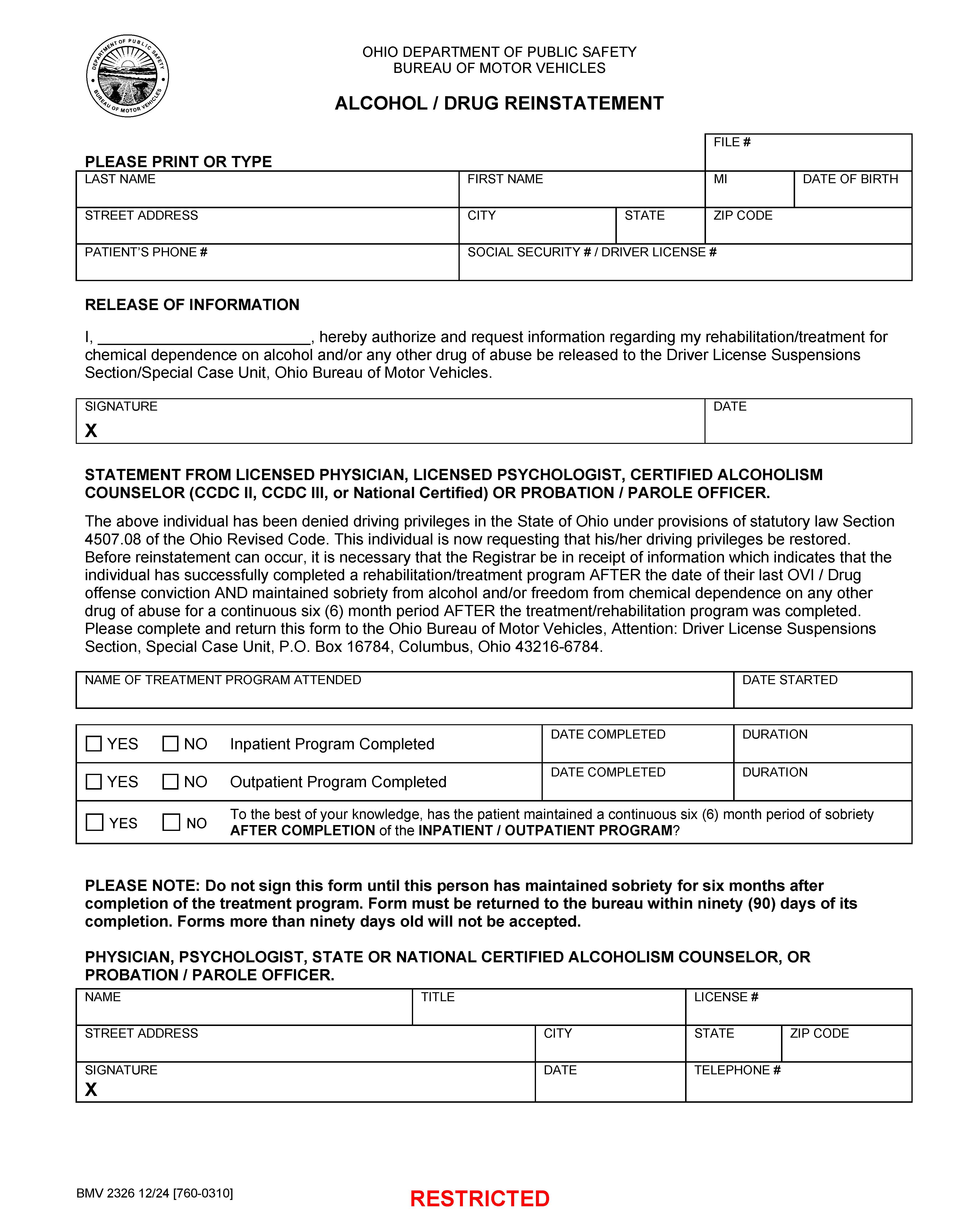 Alcohol Drug Reinstatement {BMV 2326} | Pdf Fpdf Doc Docx | Ohio