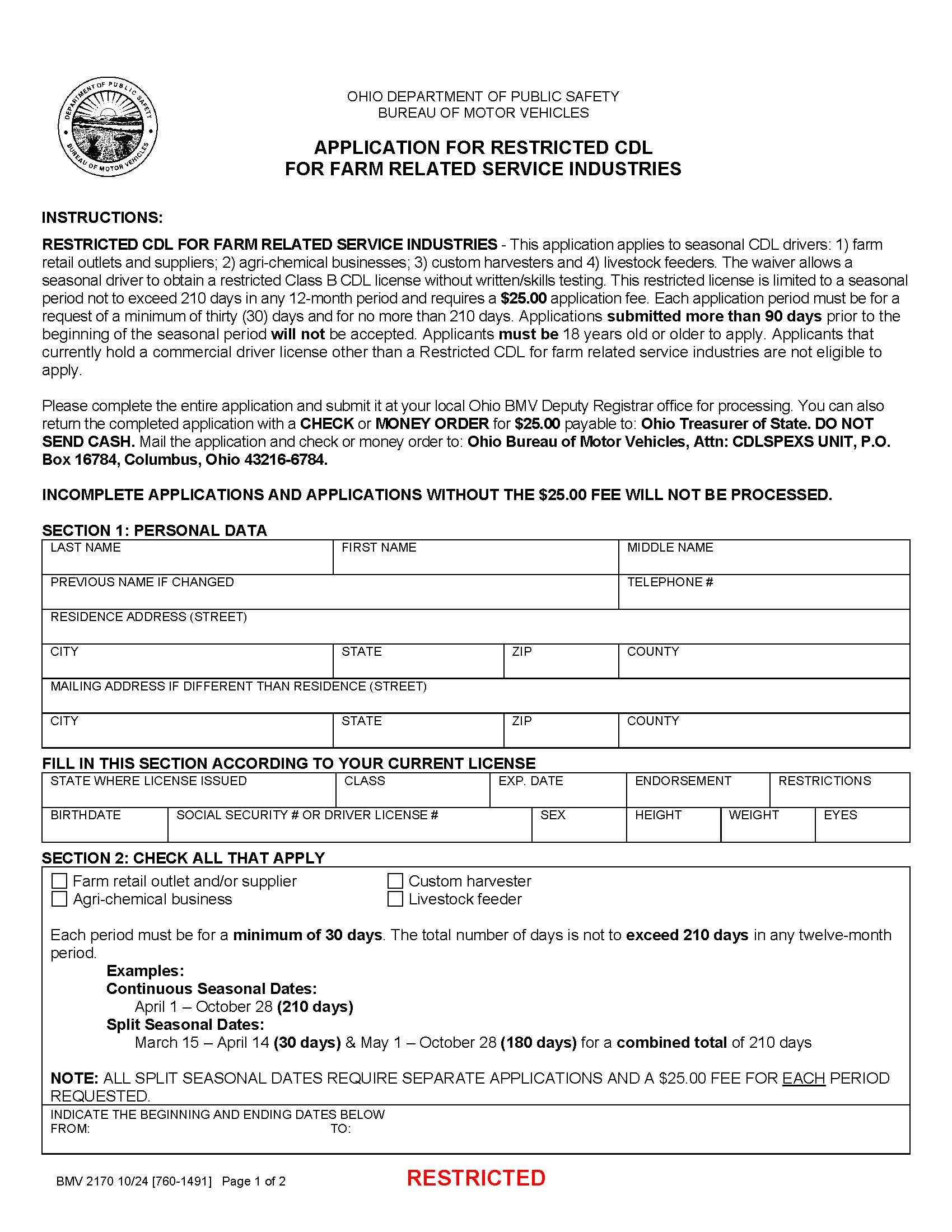 Application For Restricted CDL For Farm Related Service Industries {BMV 2170} | Pdf Fpdf Doc Docx | Ohio
