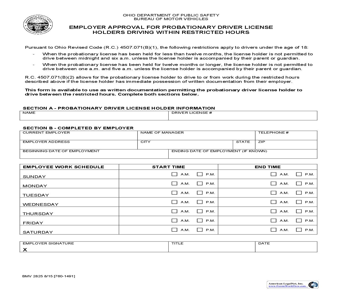Employer Approval For Probationary Driver License Holders Driving Within Restricted Hours {BMV 2825} | Pdf Fpdf Doc Docx | Ohio