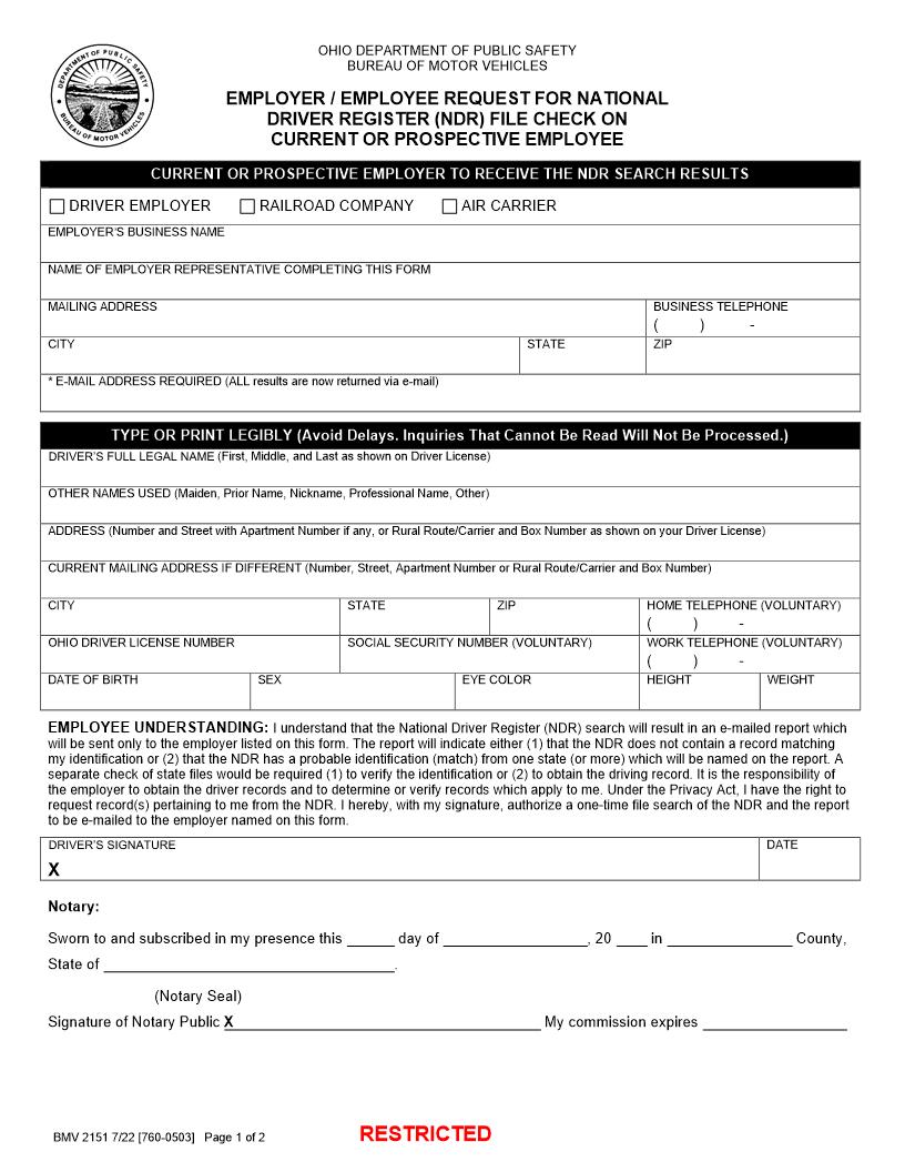 Employer Employee Request For National Driver Register {BMV 2151} | Pdf Fpdf Docx | Ohio