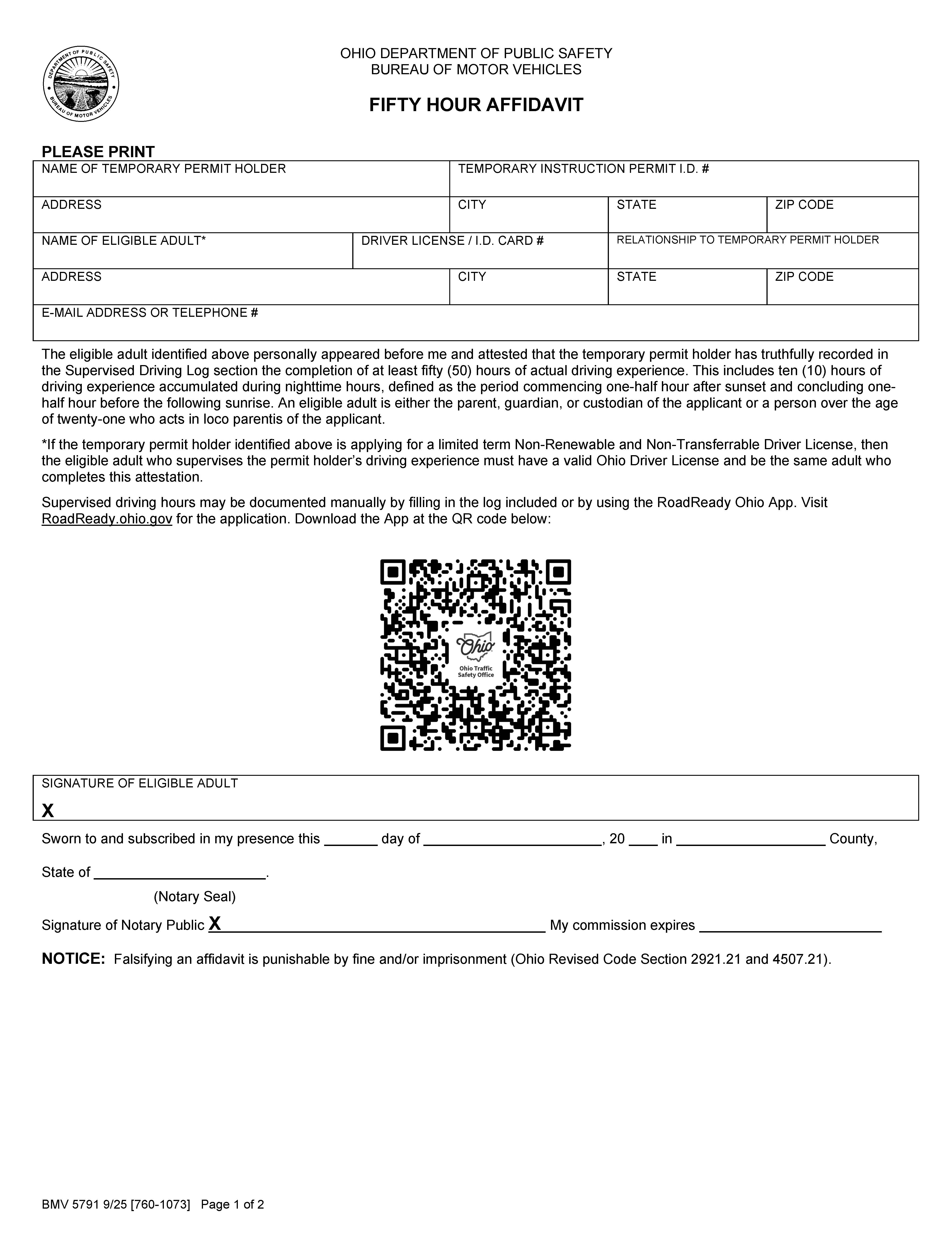 Fifty Hour Affidavit {BMV 5791} | Pdf Fpdf Doc Docx | Ohio