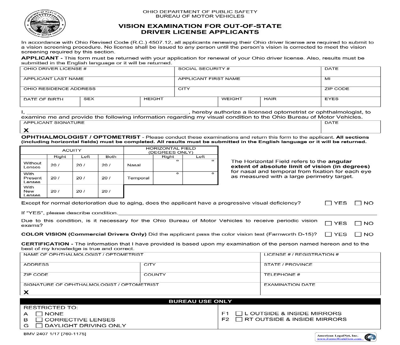 Vision Examination For Out Of State Driver License Applicants {BMV 2407} | Pdf Fpdf Doc Docx | Ohio