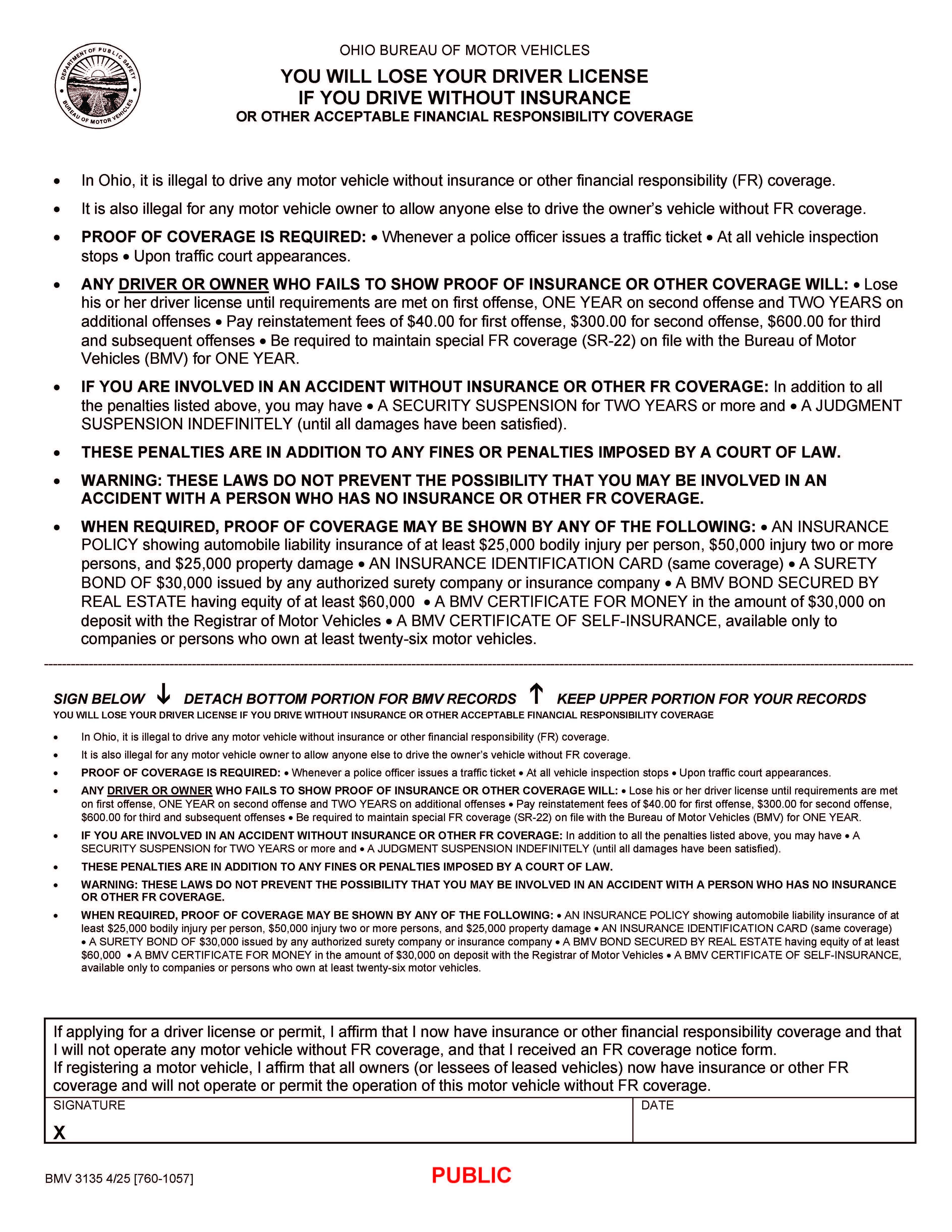 Proof Of Financial Responsibility {BMV 3135} | Pdf Fpdf Docx | Ohio