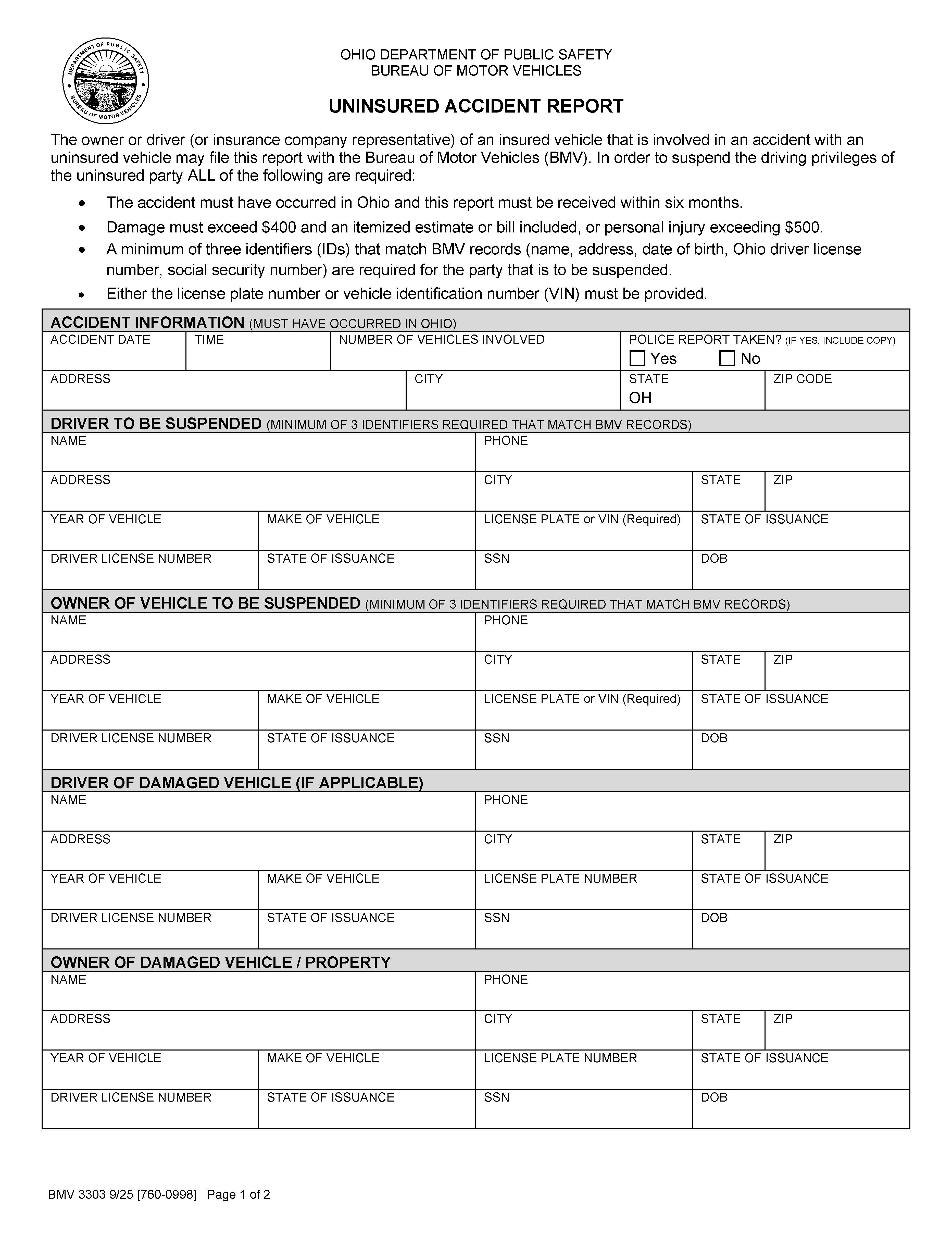 Uninsured Accident Report {BMV 3303} | Pdf Fpdf Docx | Ohio