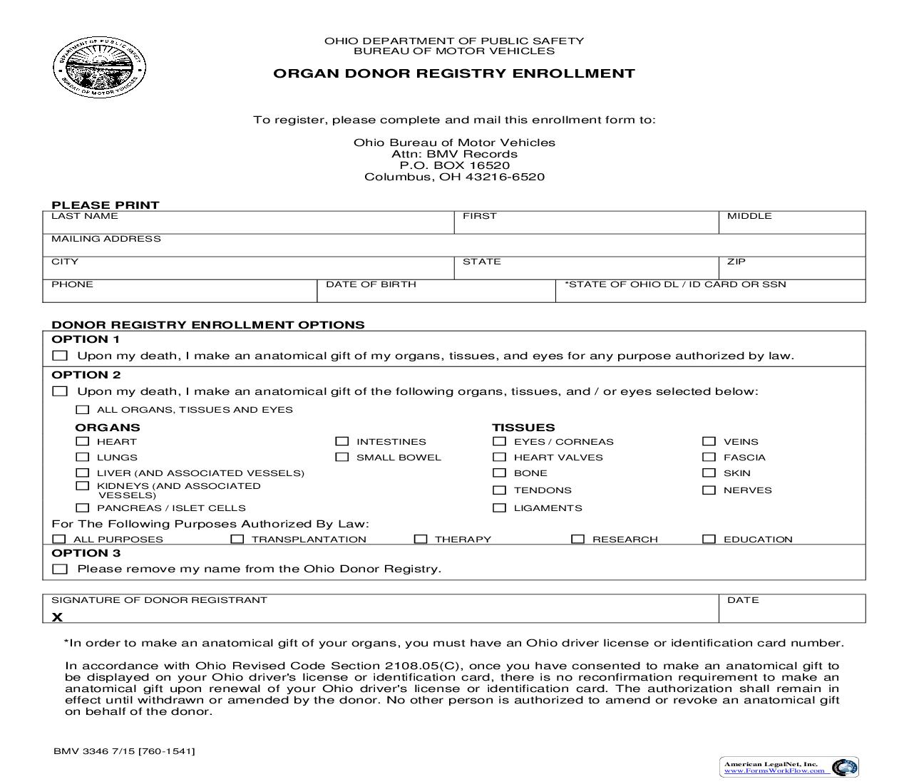 Organ Donor Registry Enrollment {BMV 3346} | Pdf Fpdf Doc Docx | Ohio