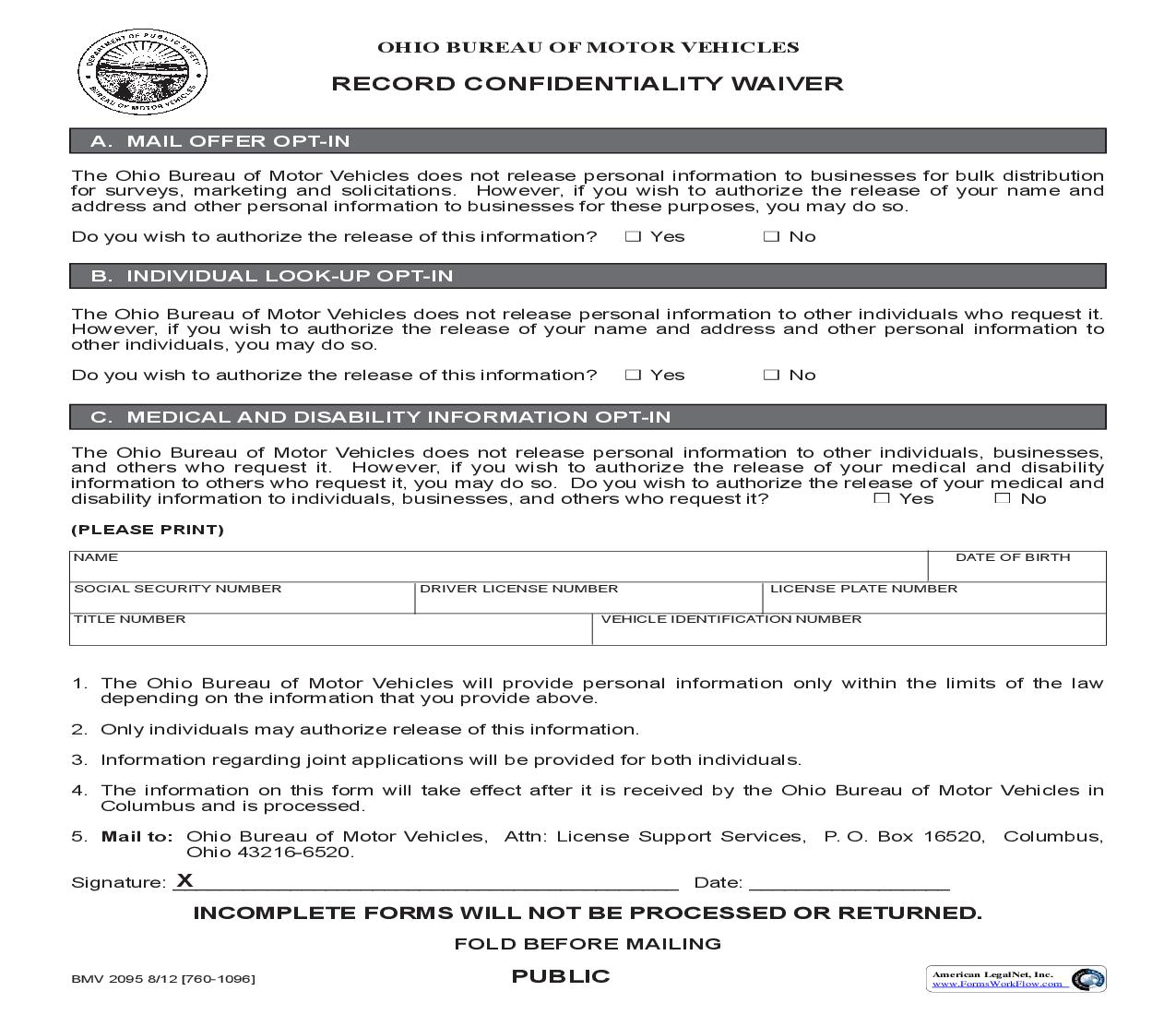 Record Confidentiality Waiver {BMV 2095} | Pdf Fpdf Doc Docx | Ohio