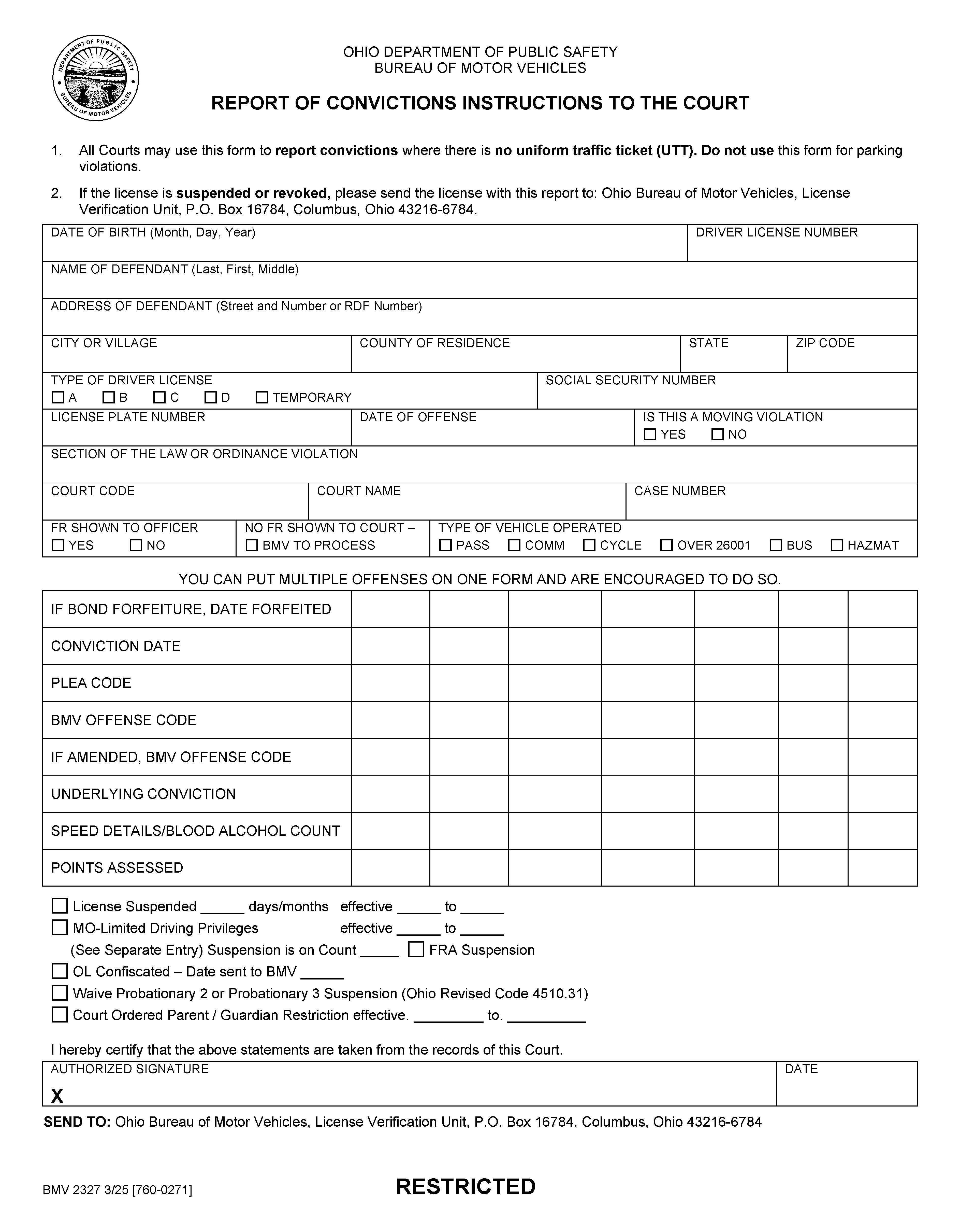 Report Of Convictions Instructions To The Court {BMV 2327} | Pdf Fpdf Doc Docx | Ohio