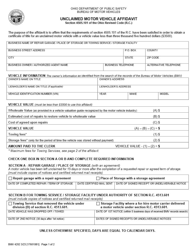 Unclaimed Motor Vehicle Affidavit {BMV 4202} | Pdf Fpdf Doc Docx | Ohio
