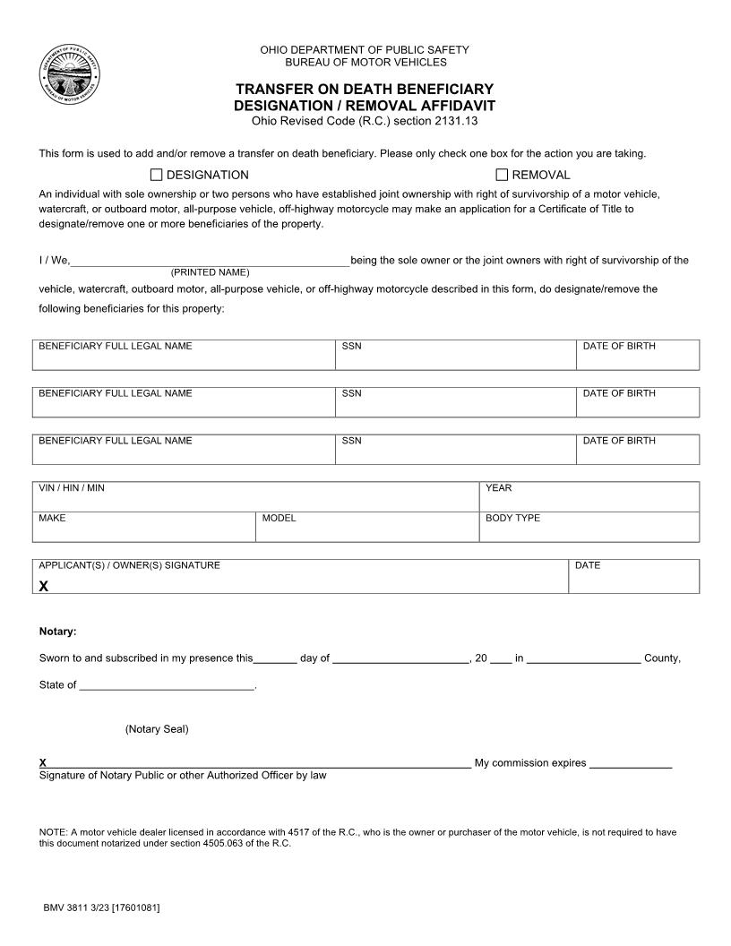 Affidavit For Designation Of Beneficiary Or Beneficiaries By The Sole {BMV 3811} | Pdf Fpdf Docx | Ohio