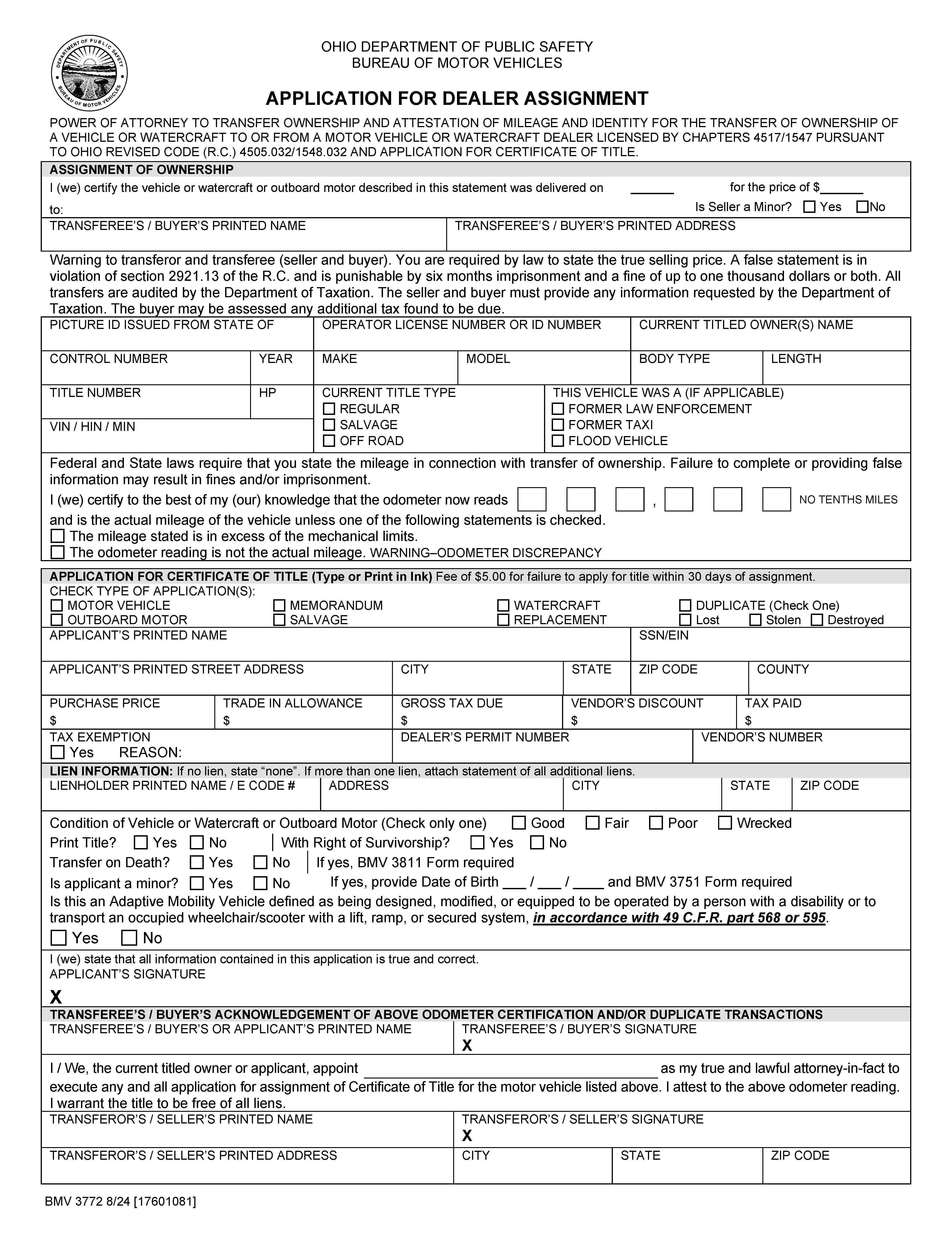 Application For Dealer Assignment {BMV 3772} | Pdf Fpdf Docx | Ohio