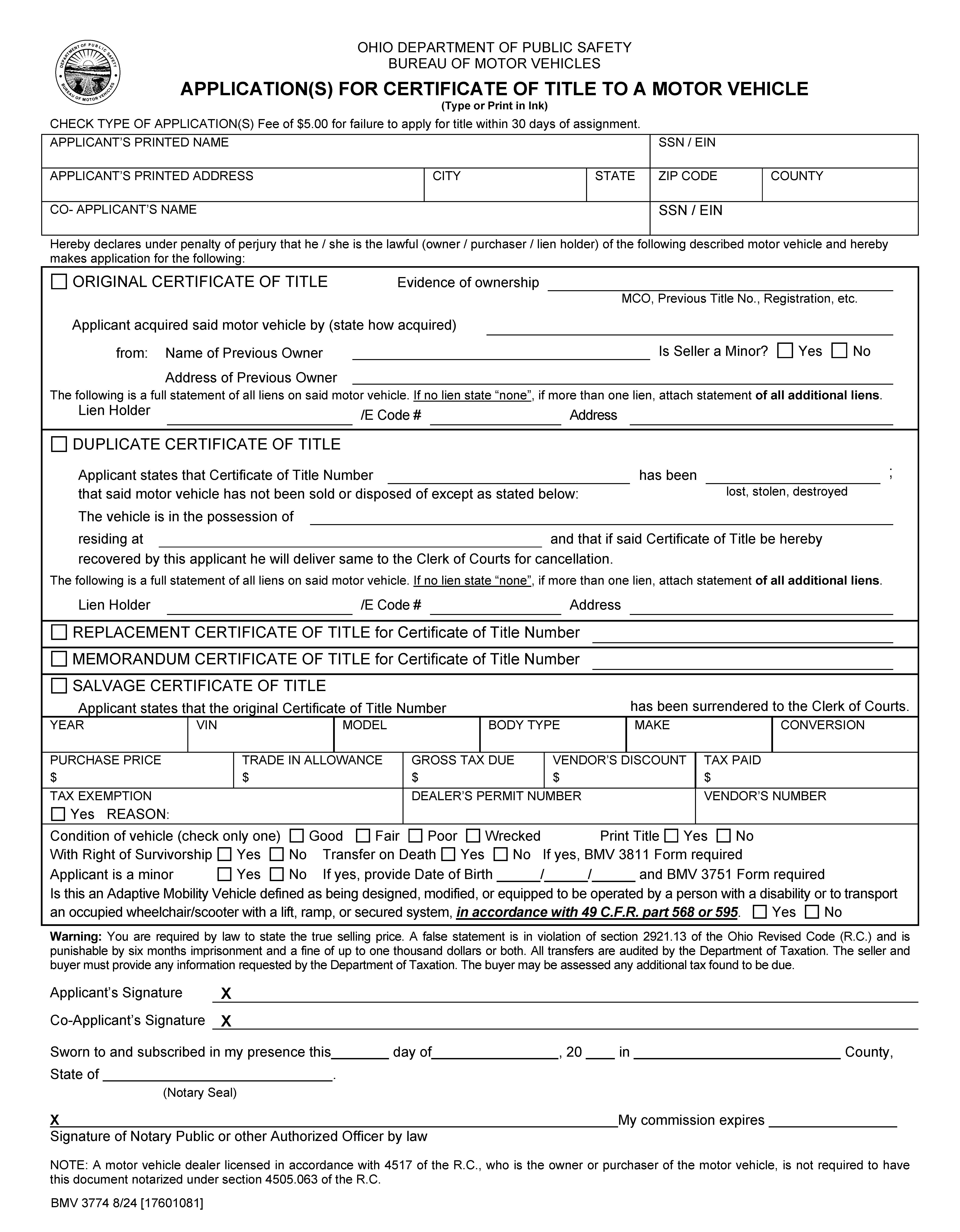 Applications For Certificate Of Title To A Motor Vehicle {BMV 3774} | Pdf Fpdf Docx | Ohio