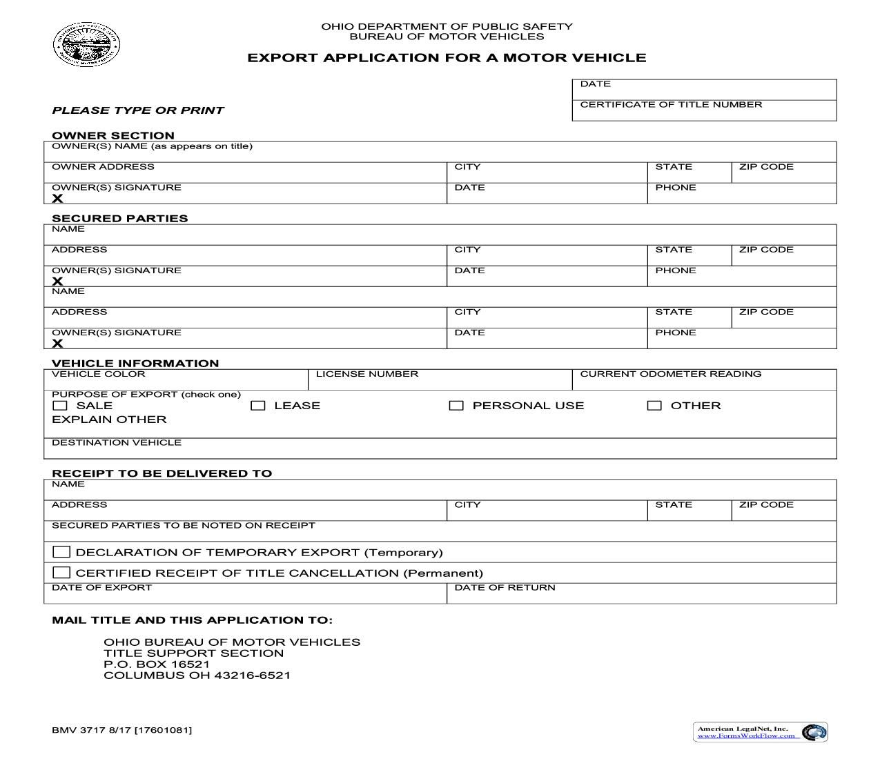 Export Application For A Motor Vehicle {BMV 3717} | Pdf Fpdf Doc Docx | Ohio