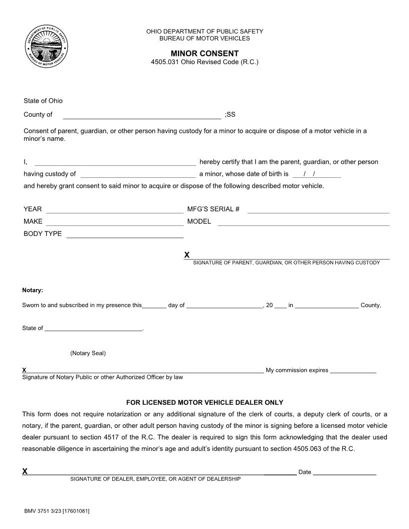 Minor Consent Form {BMV 3751} | Pdf Fpdf Docx | Ohio