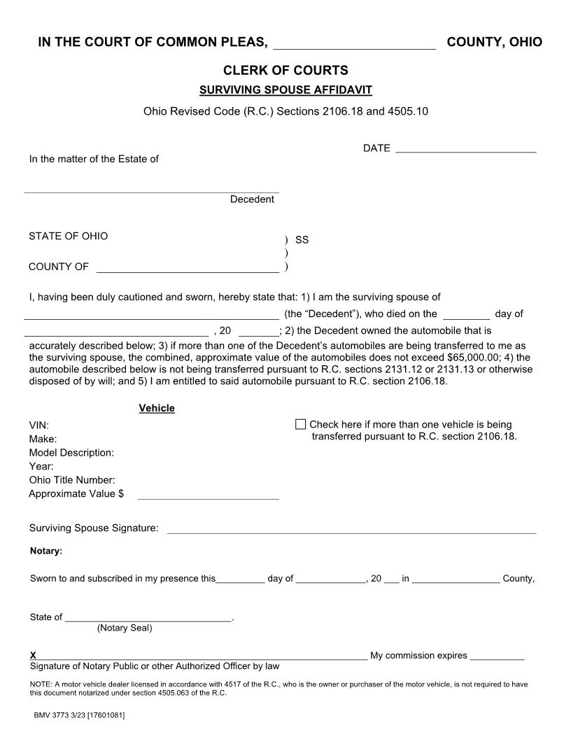 Surviving Spouse Affidavit {BMV 3773} | Pdf Fpdf Docx | Ohio