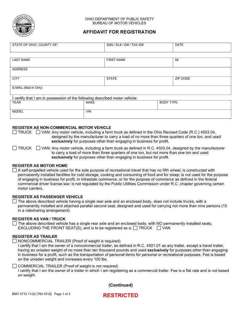 Affidavit For Registration {BMV 5712} | Pdf Fpdf Docx | Ohio