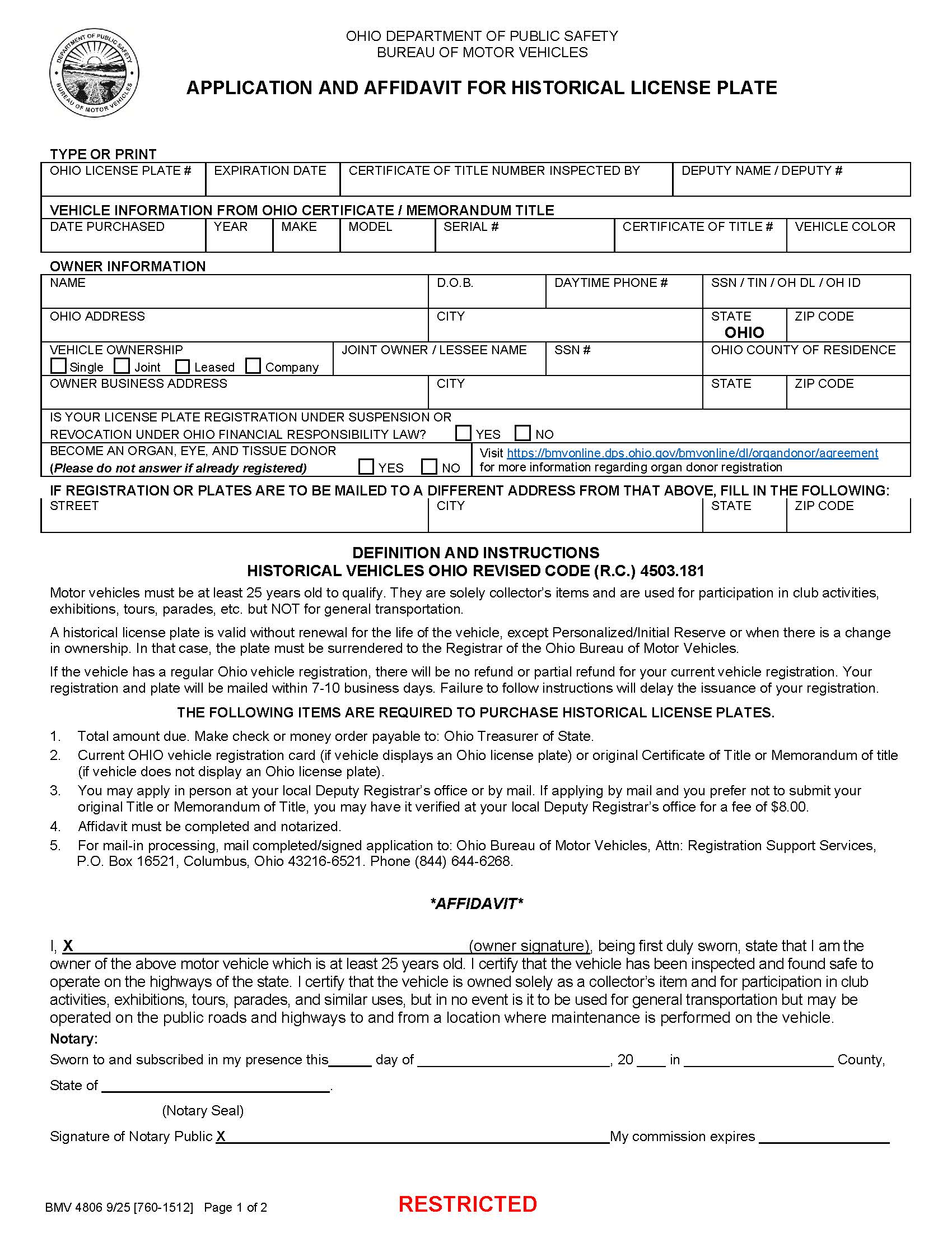 Application And Affidavit For Historical License Plates {BMV 4806} | Pdf Fpdf Docx | Ohio