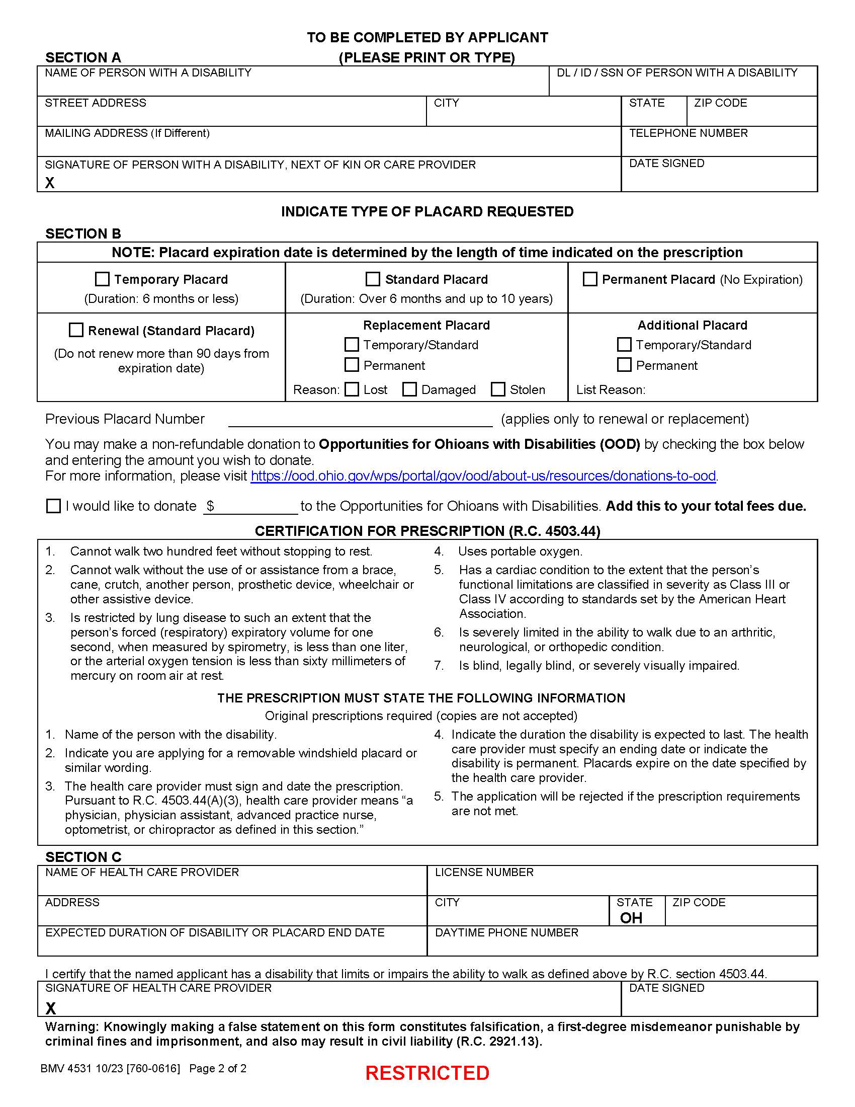 Application For  Windshield Placard For Veterans With Disabilities {BMV 4531} | Pdf Fpdf Docx | Ohio