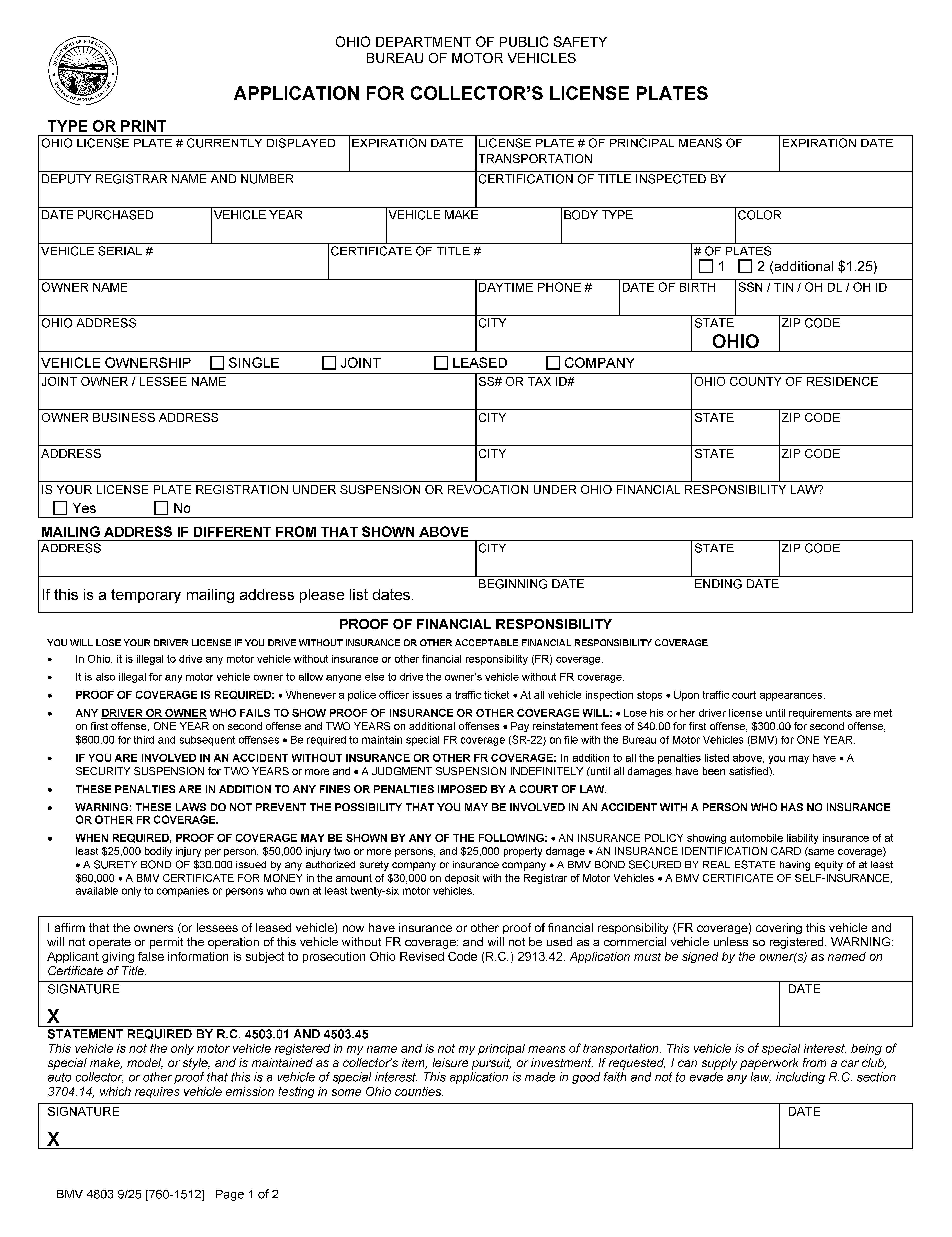 Application For Collectors License Plates {BMV 4803} | Pdf Fpdf Docx | Ohio